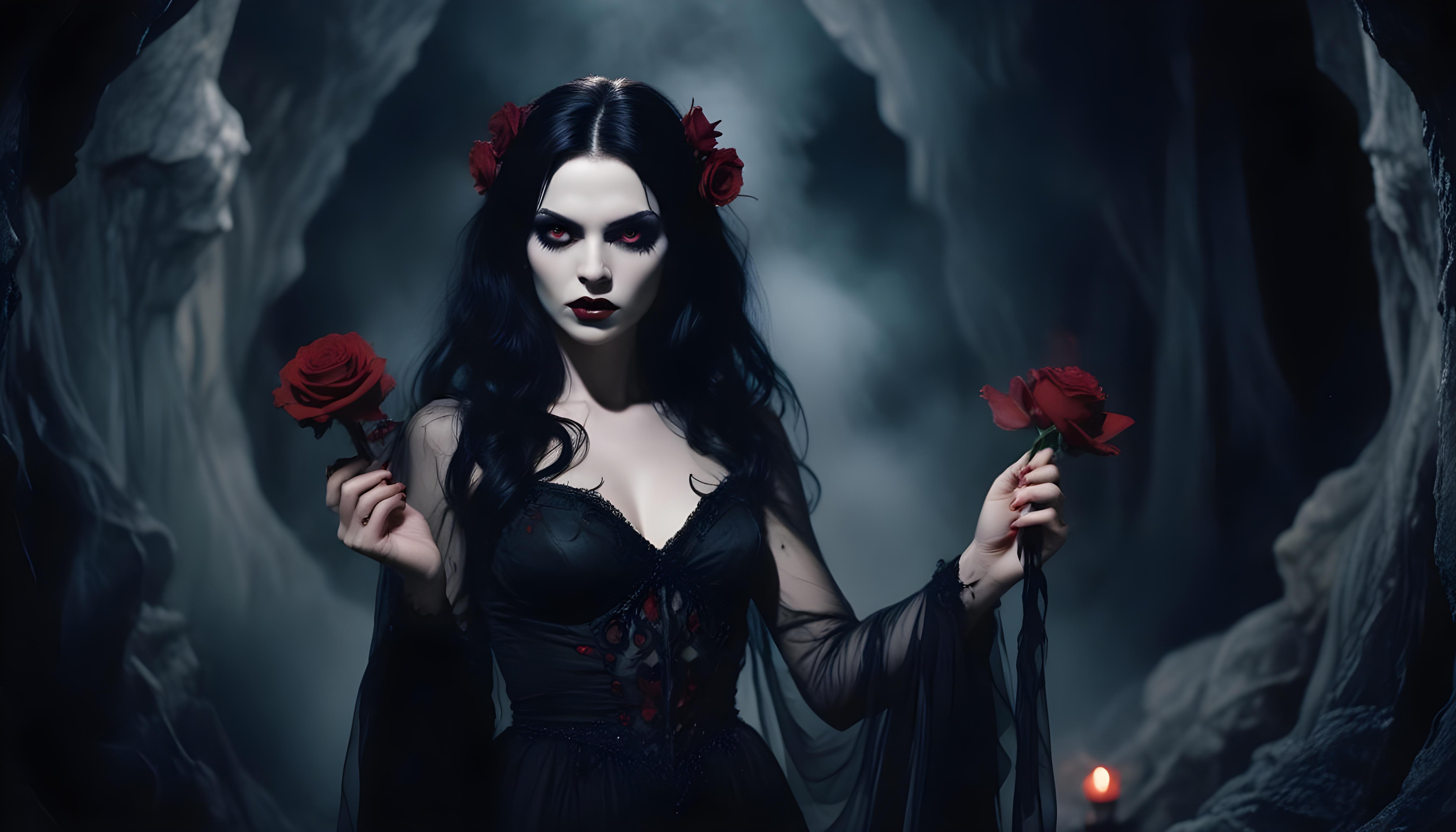 Mystical Vampire Queen Holding Red Rose in Dark Fantasy Gothic Setting