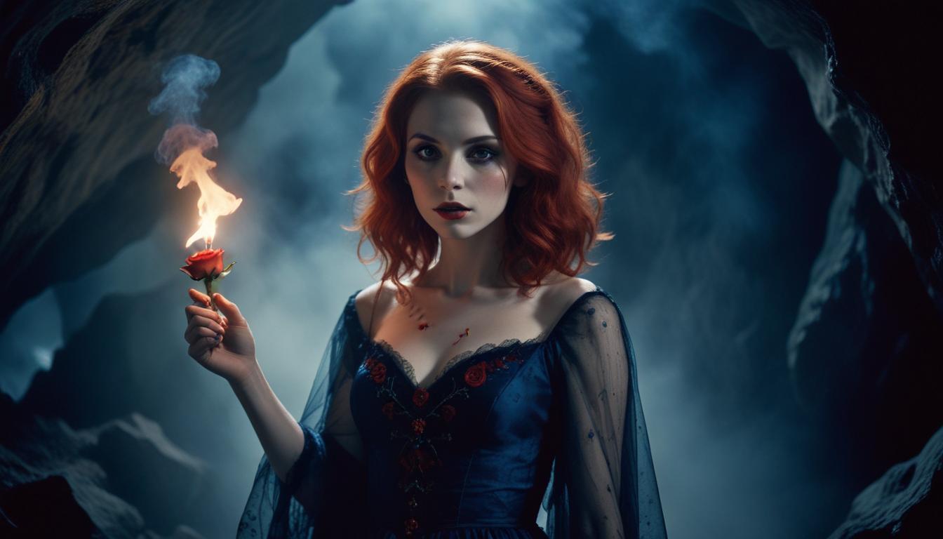 Mystical Vampire Queen Holding Red Rose in Dark Fantasy Gothic Setting