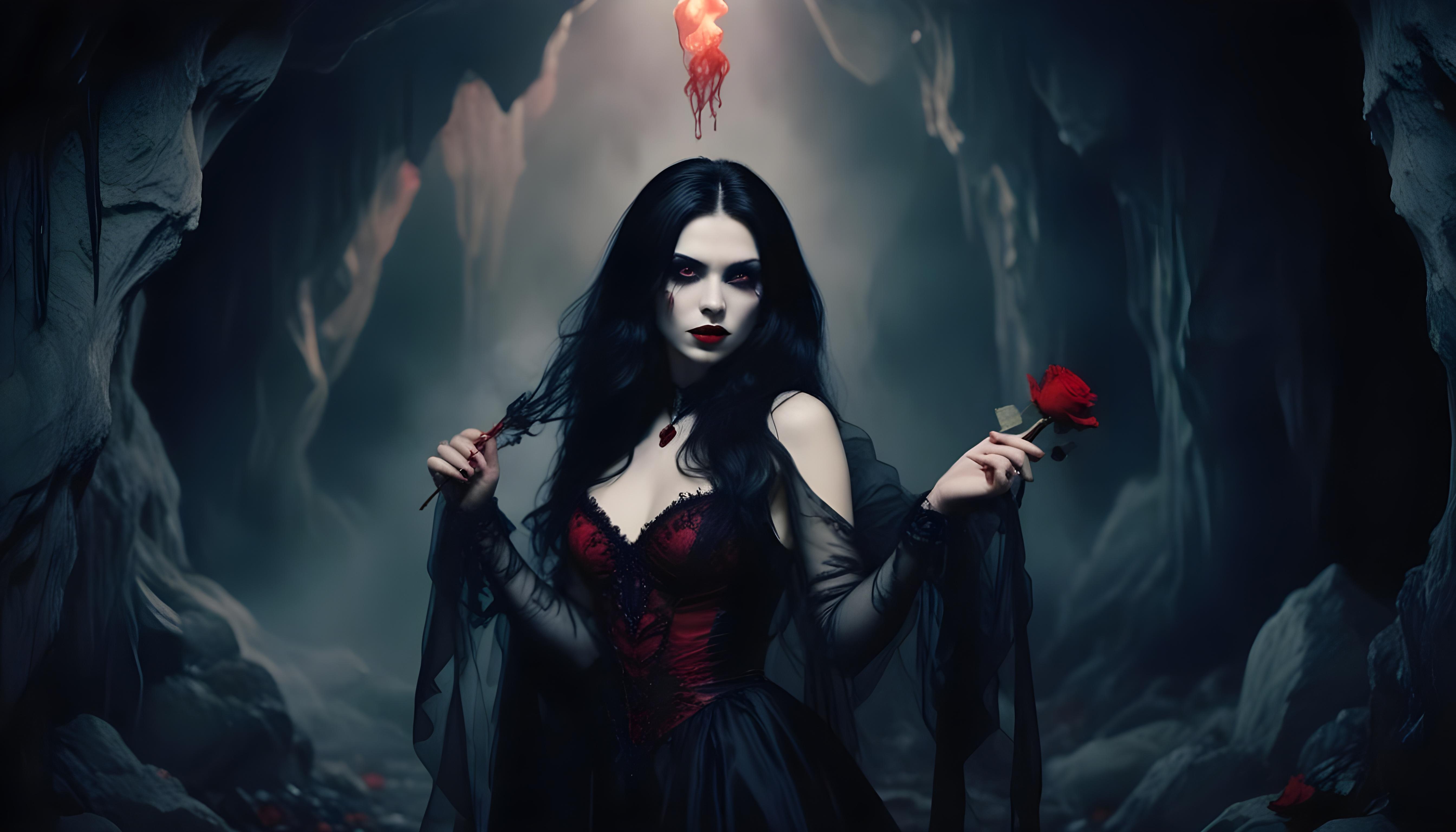 Mystical Vampire Queen Holding Red Rose in Dark Fantasy Gothic Setting