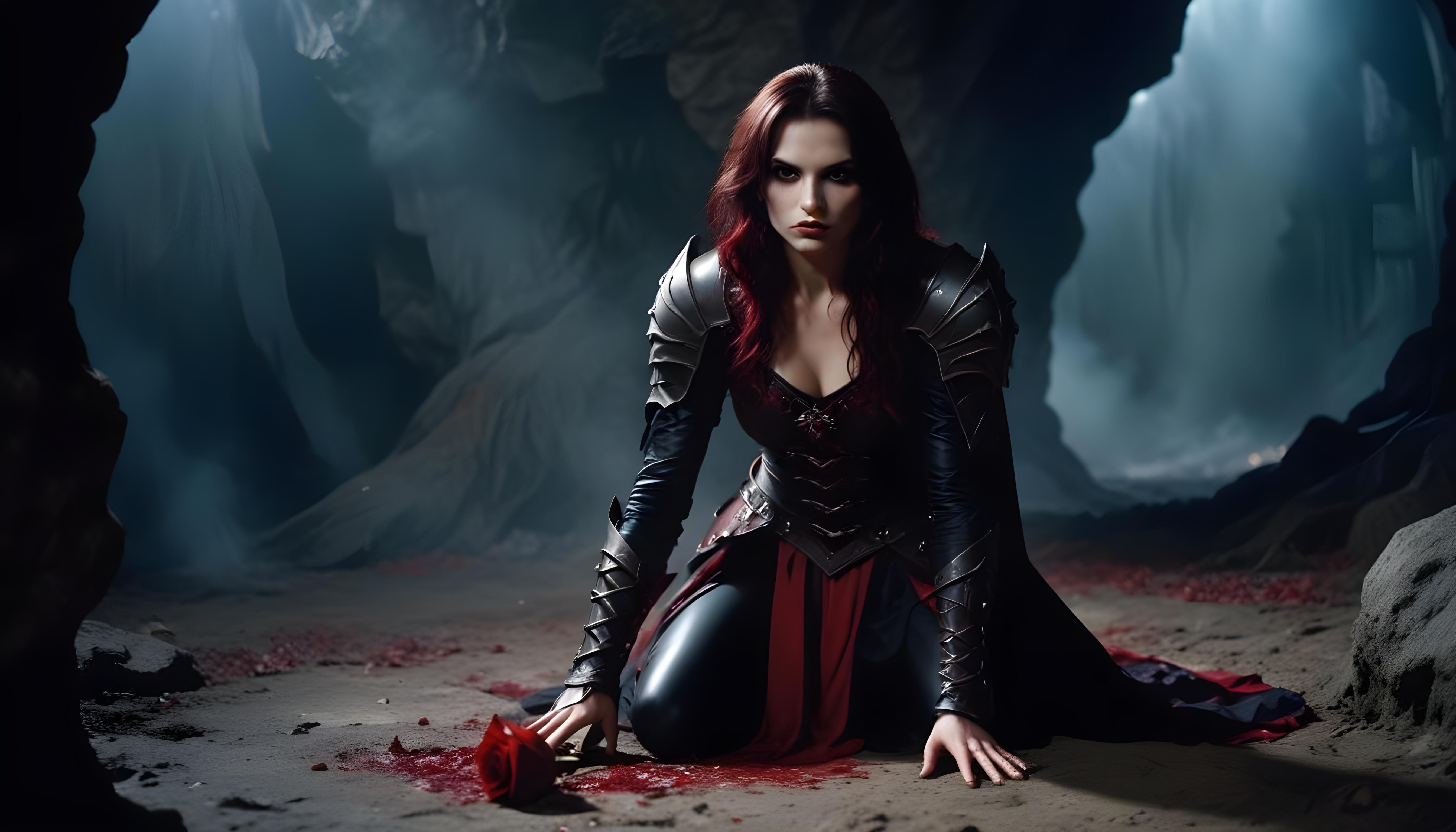 Mystical Vampire Queen Holding Red Rose in Dark Fantasy Gothic Setting