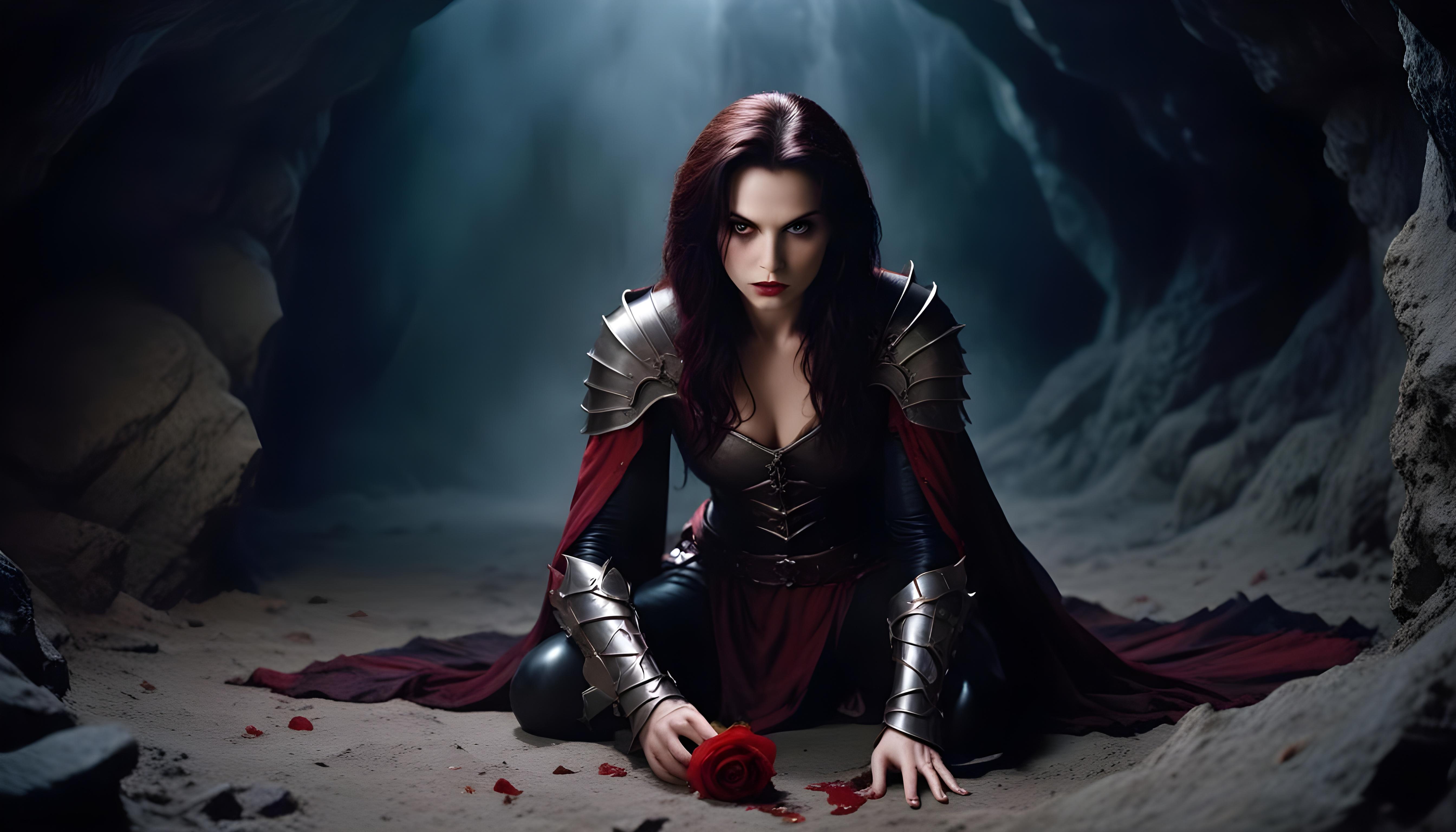 Mystical Vampire Queen Holding Red Rose in Dark Fantasy Gothic Setting