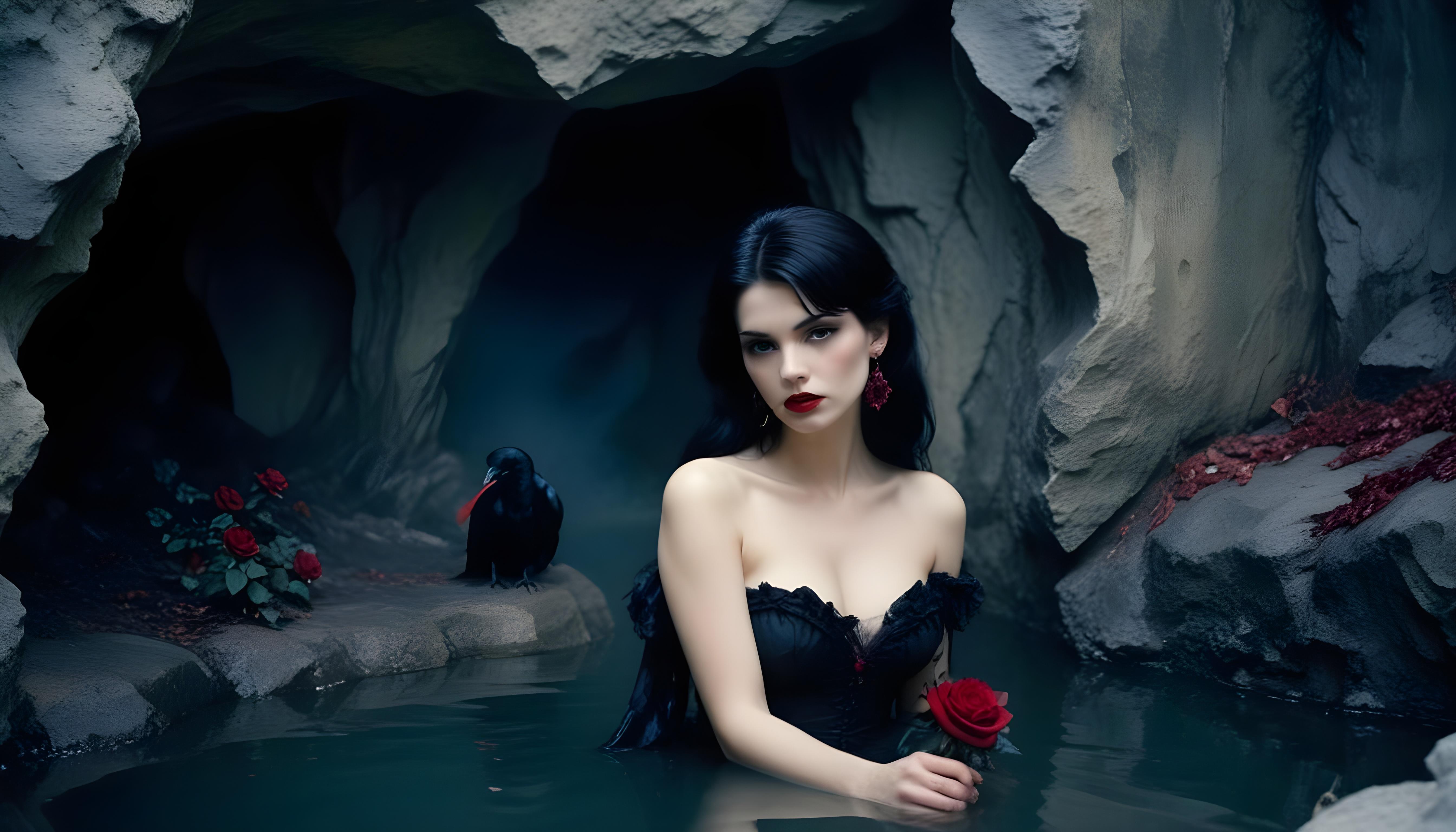 Mystical Vampire Queen Holding Red Rose in Dark Fantasy Gothic Setting