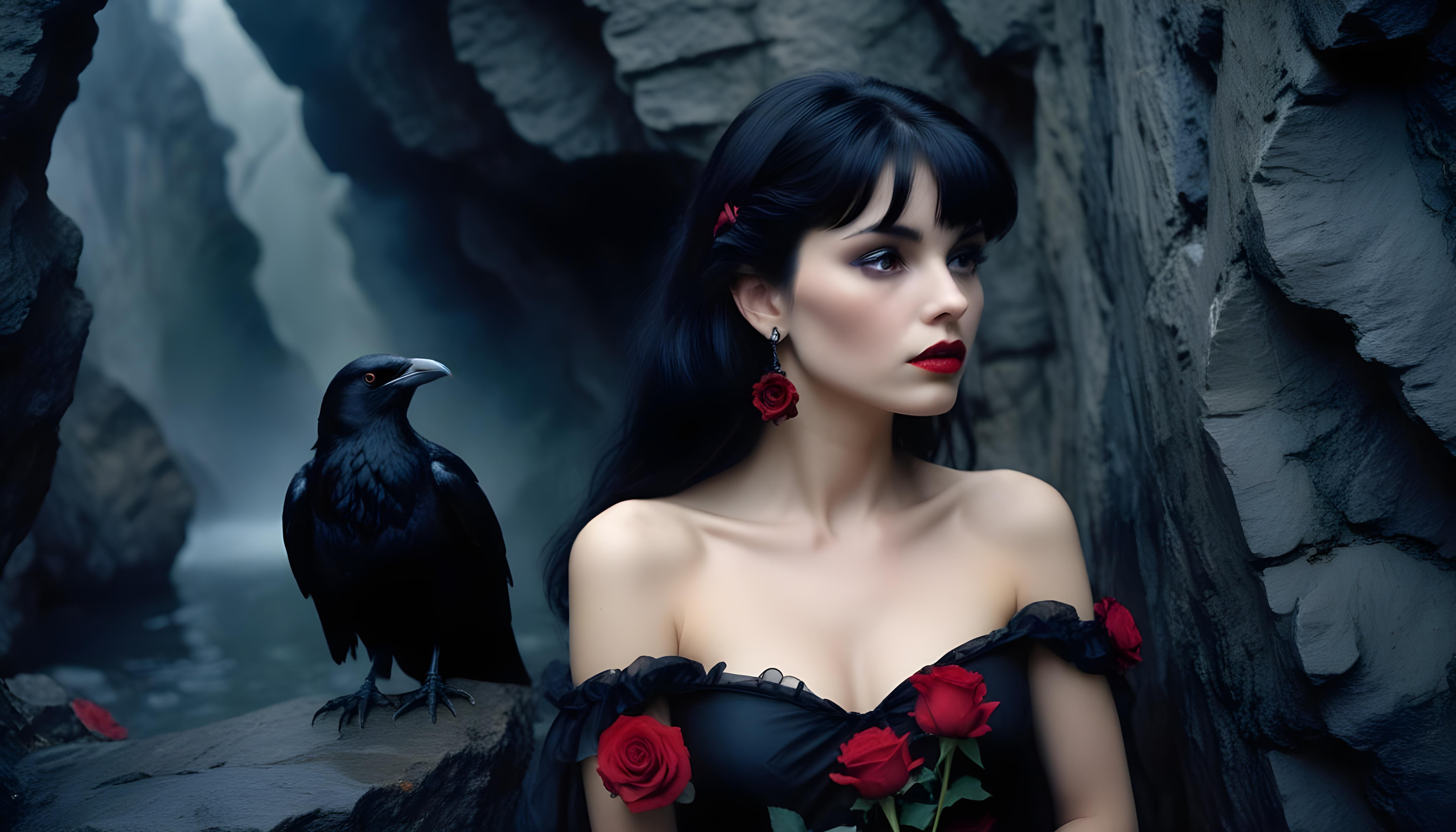 Mystical Vampire Queen Holding Red Rose in Dark Fantasy Gothic Setting