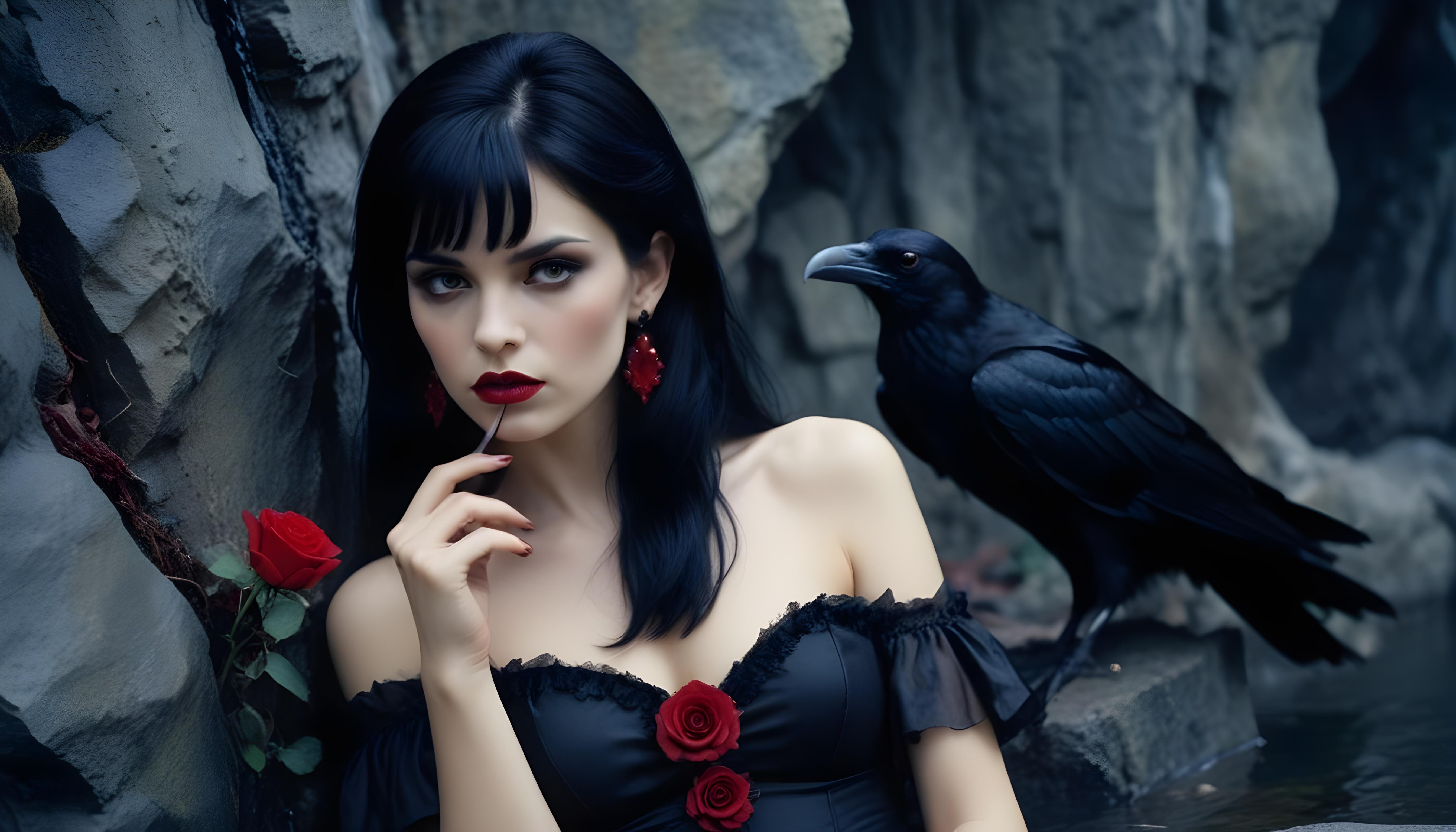 Mystical Vampire Queen Holding Red Rose in Dark Fantasy Gothic Setting