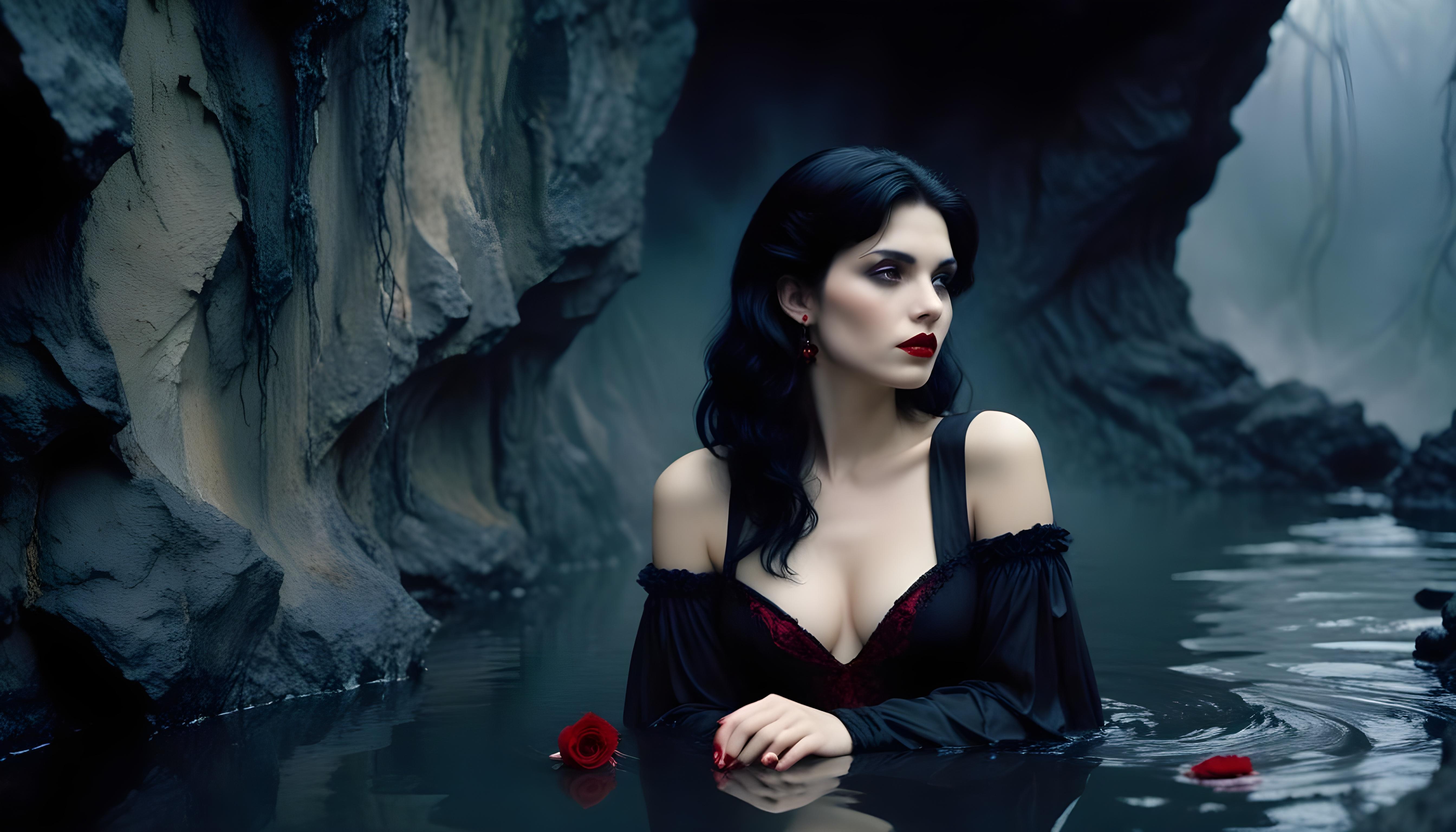 Mystical Vampire Queen Holding Red Rose in Dark Fantasy Gothic Setting