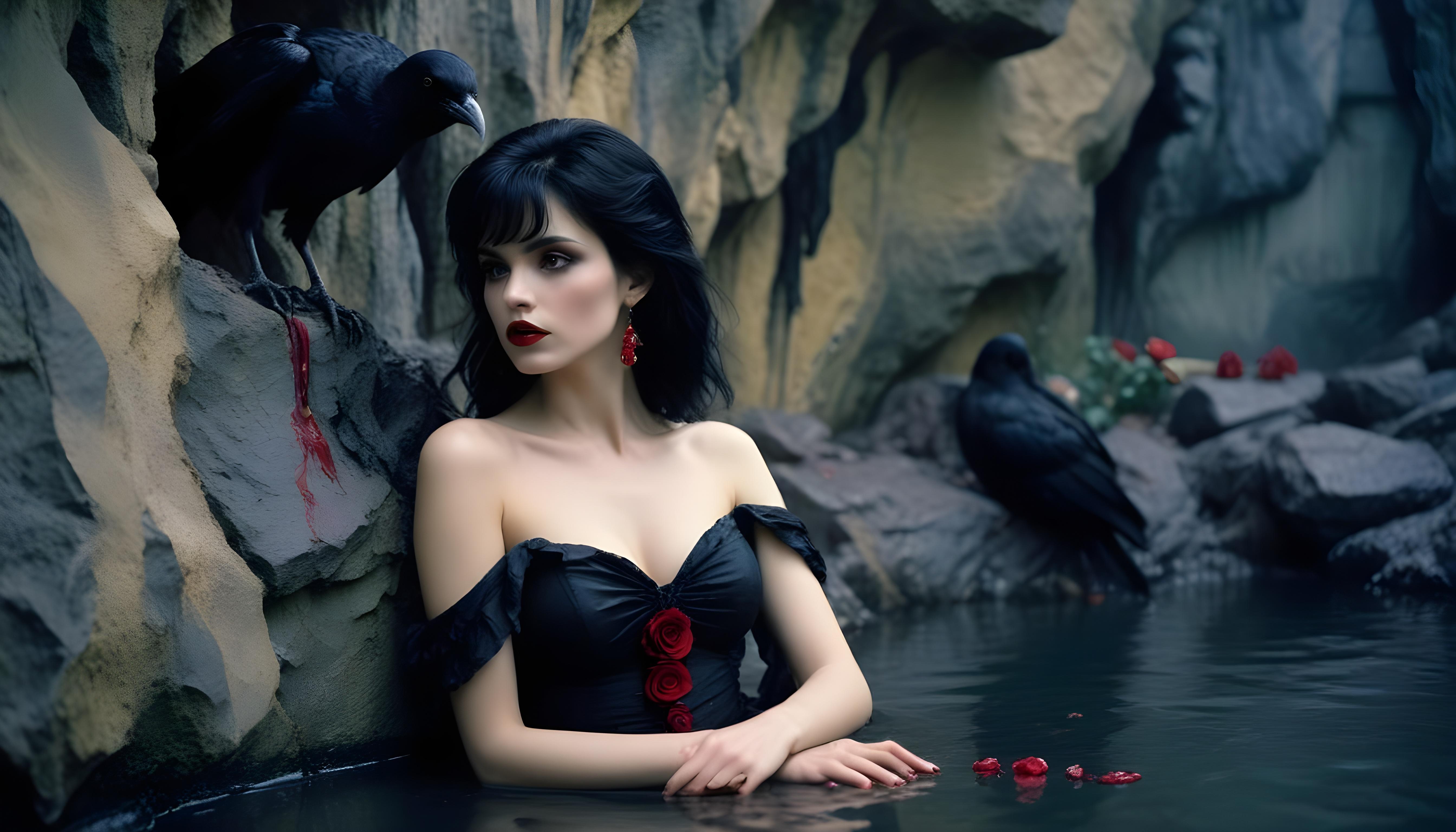 Mystical Vampire Queen Holding Red Rose in Dark Fantasy Gothic Setting