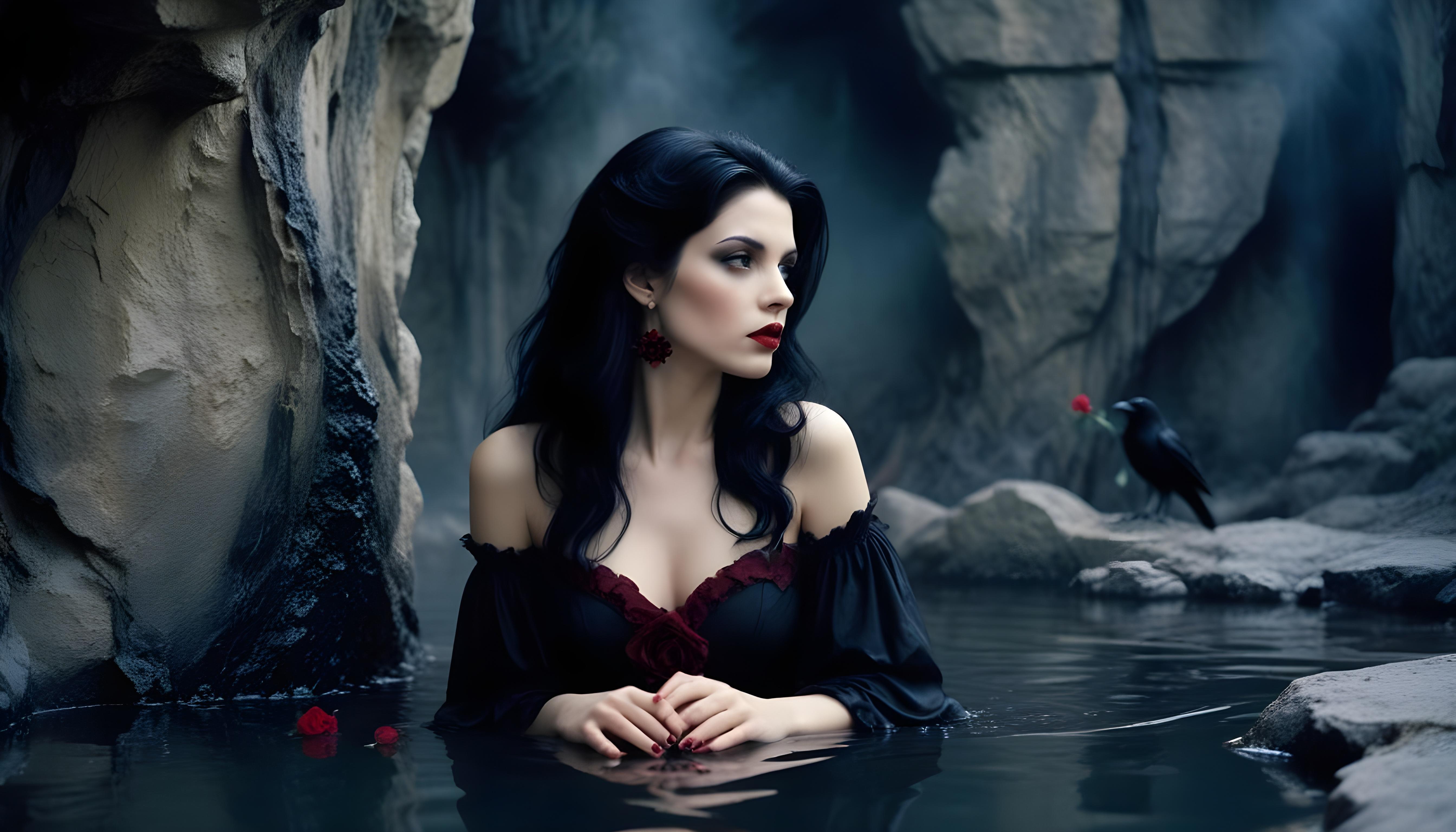Mystical Vampire Queen Holding Red Rose in Dark Fantasy Gothic Setting
