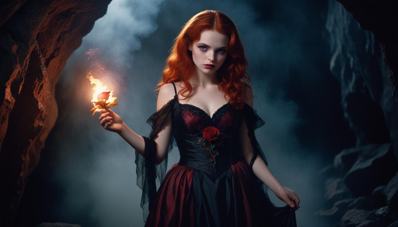 Mystical Vampire Queen Holding Red Rose in Dark Fantasy Gothic Setting