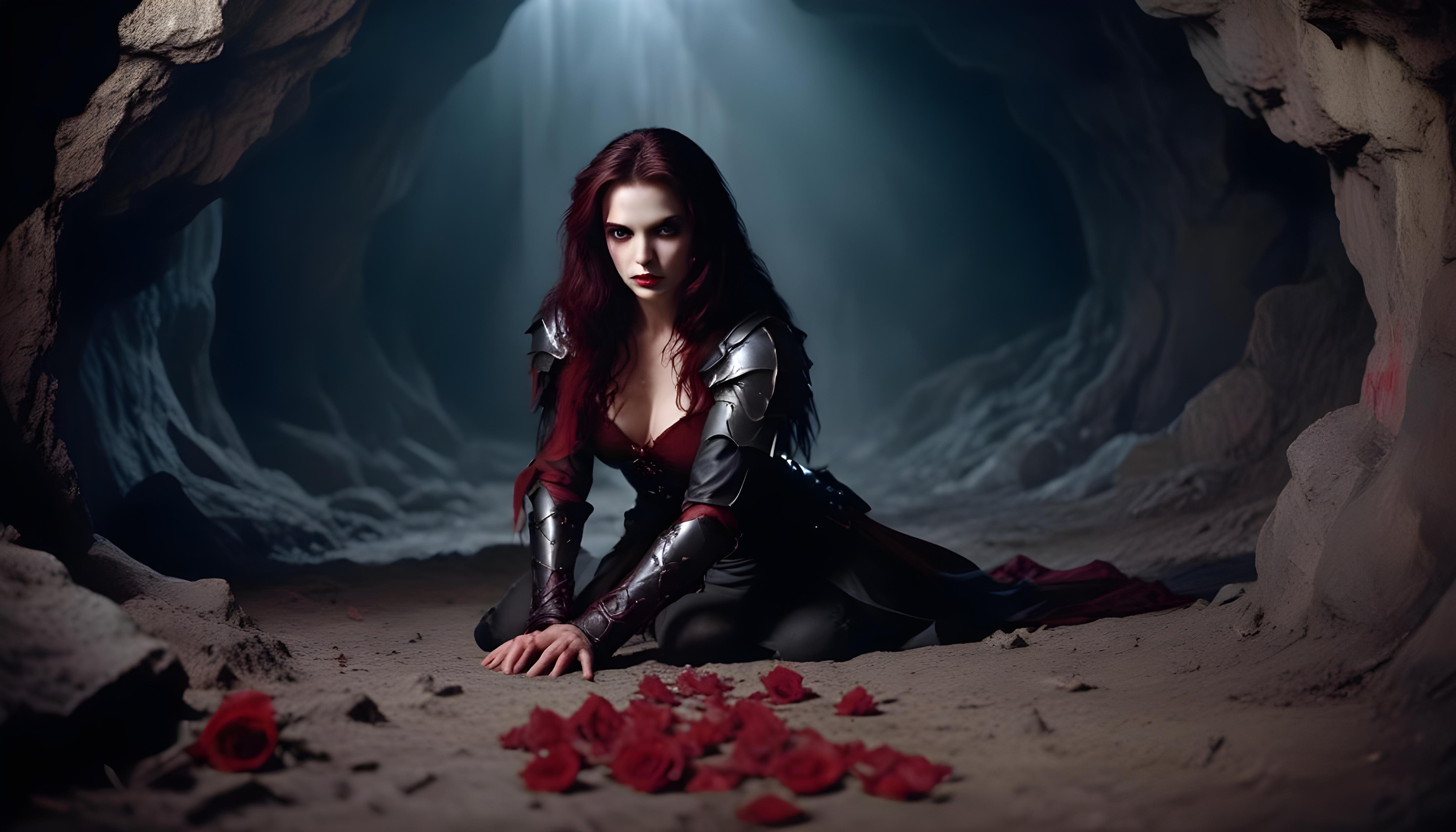 Mystical Vampire Queen Holding Red Rose in Dark Fantasy Gothic Setting