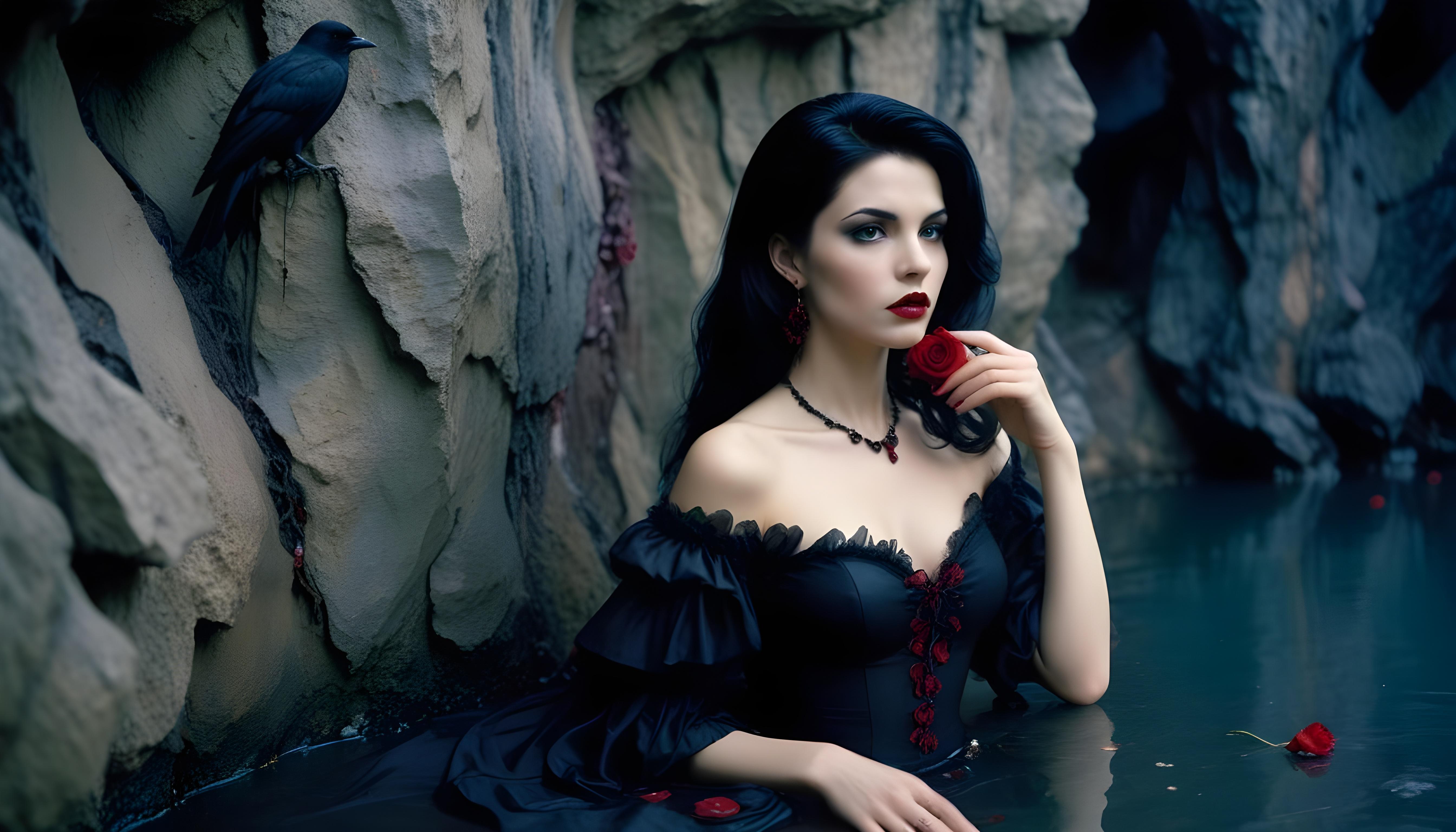 Mystical Vampire Queen Holding Red Rose in Dark Fantasy Gothic Setting