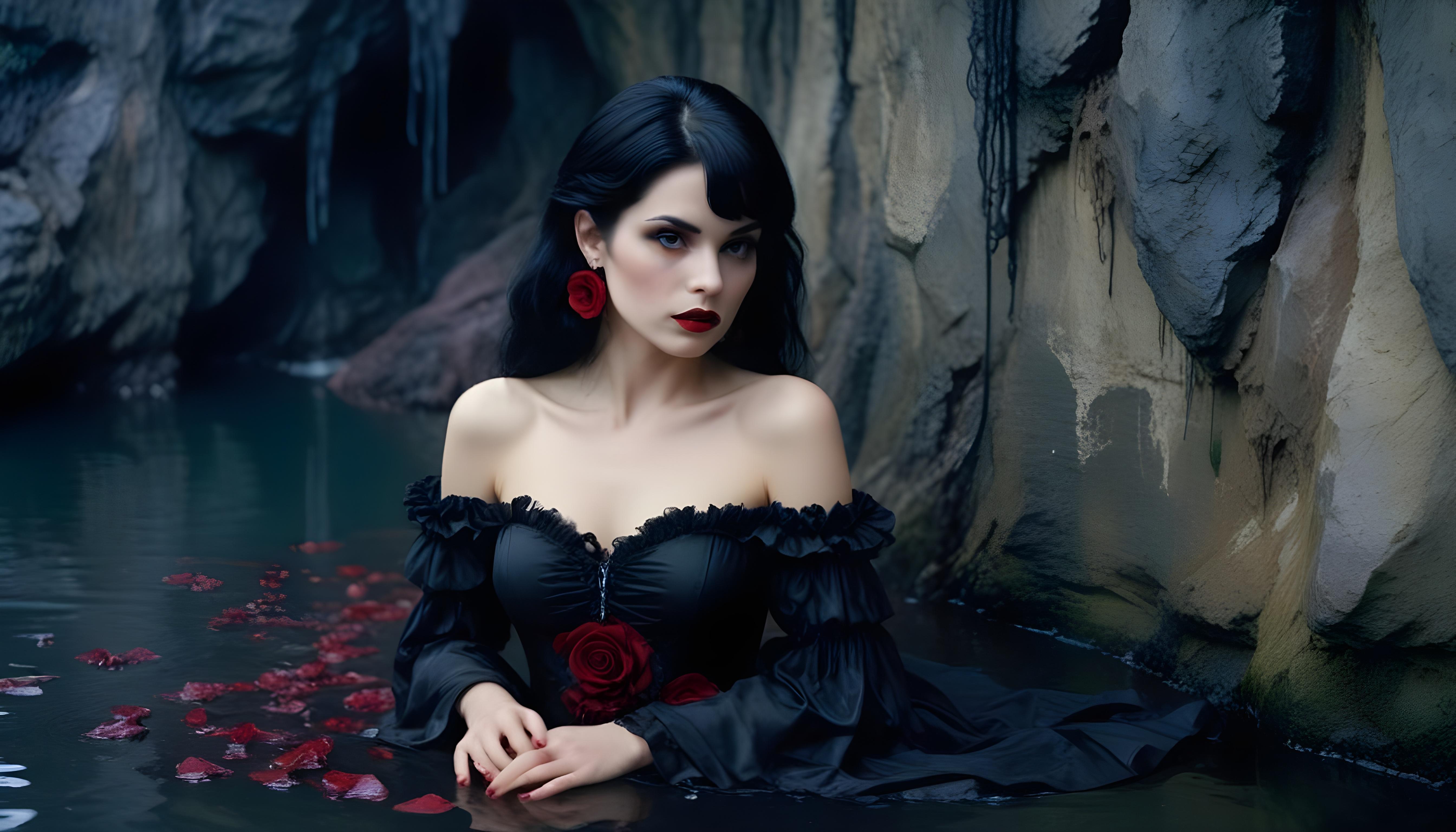 Mystical Vampire Queen Holding Red Rose in Dark Fantasy Gothic Setting