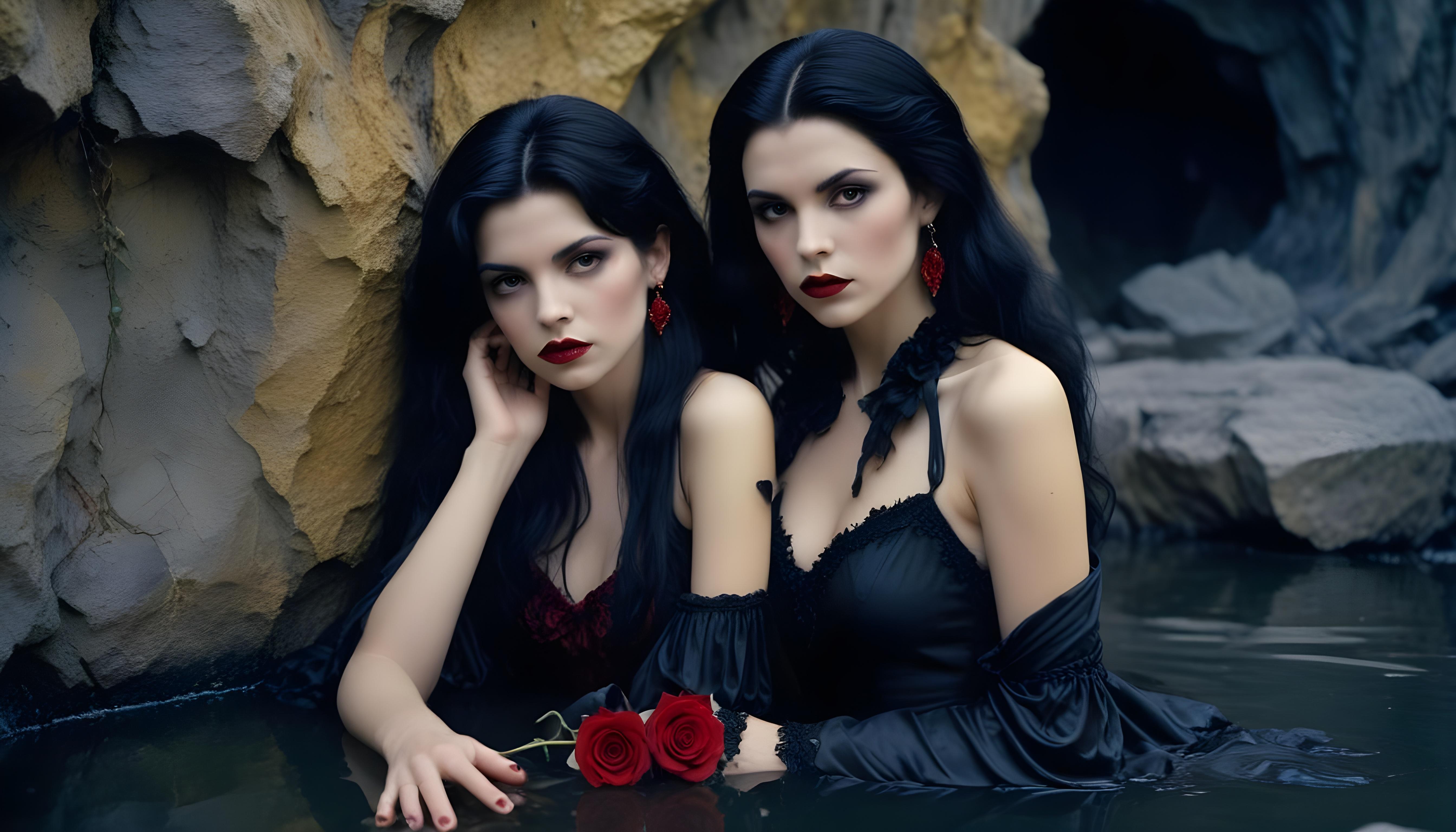 Mystical Vampire Queen Holding Red Rose in Dark Fantasy Gothic Setting