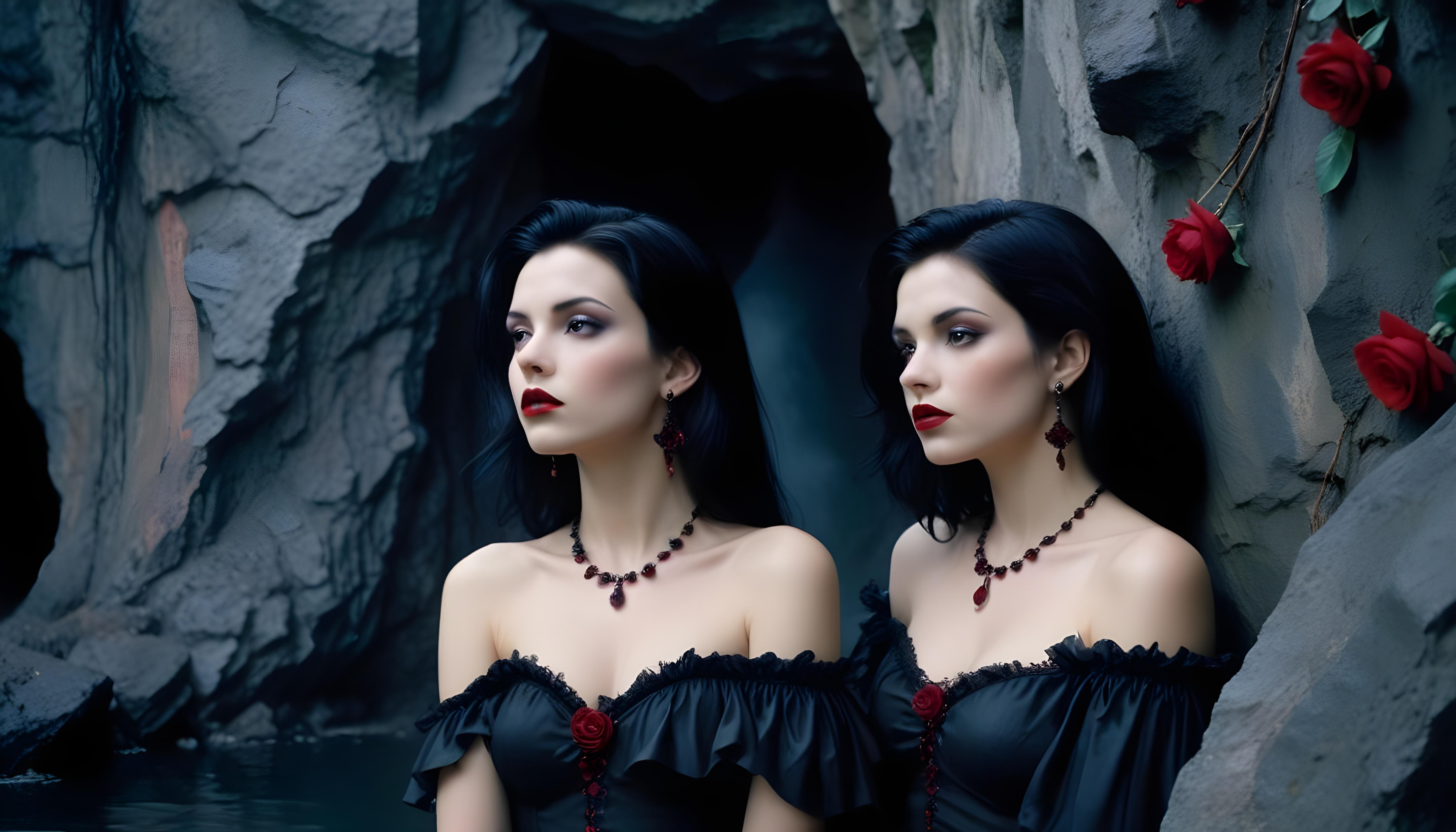 Mystical Vampire Queen Holding Red Rose in Dark Fantasy Gothic Setting
