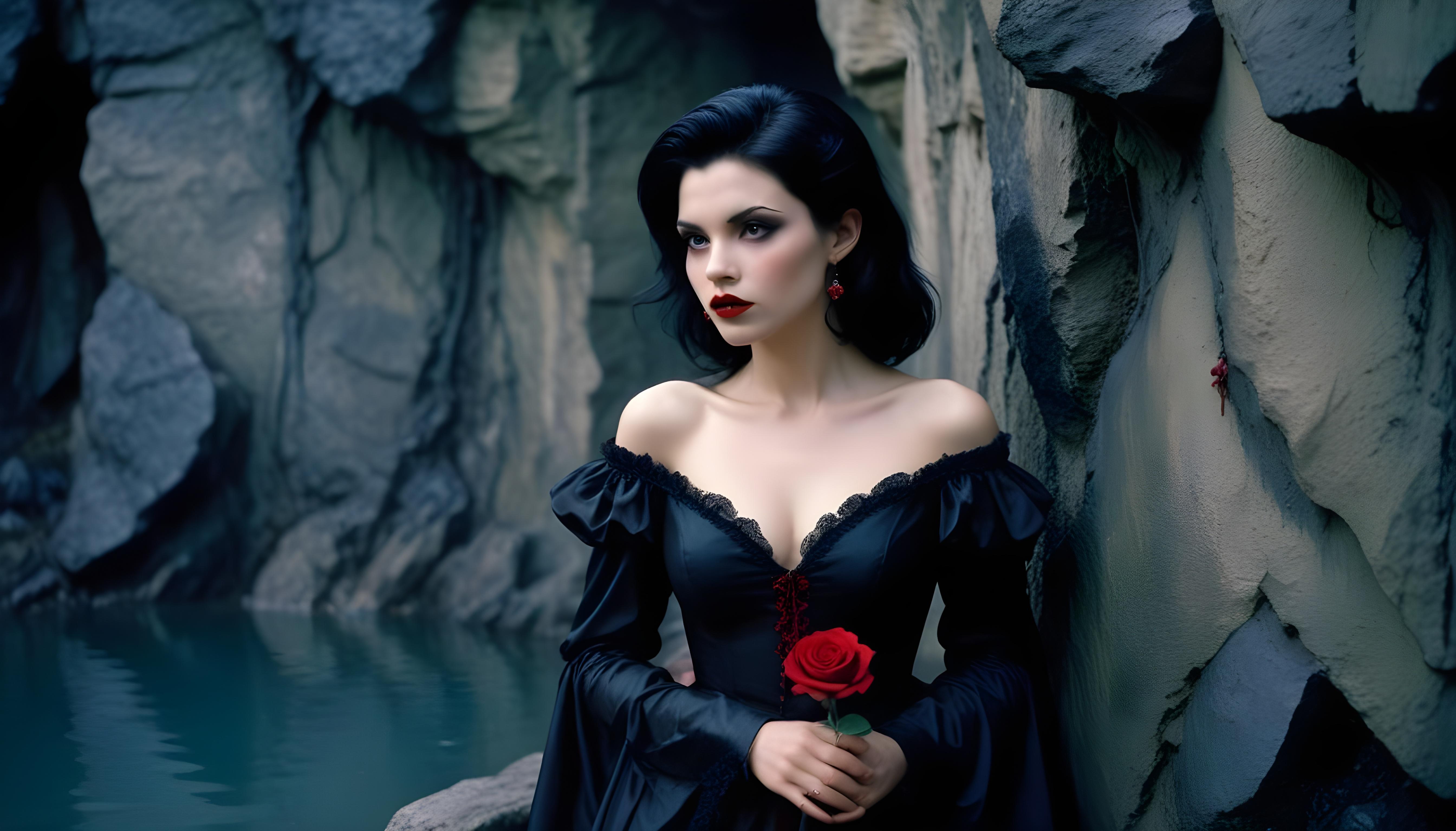Mystical Vampire Queen Holding Red Rose in Dark Fantasy Gothic Setting
