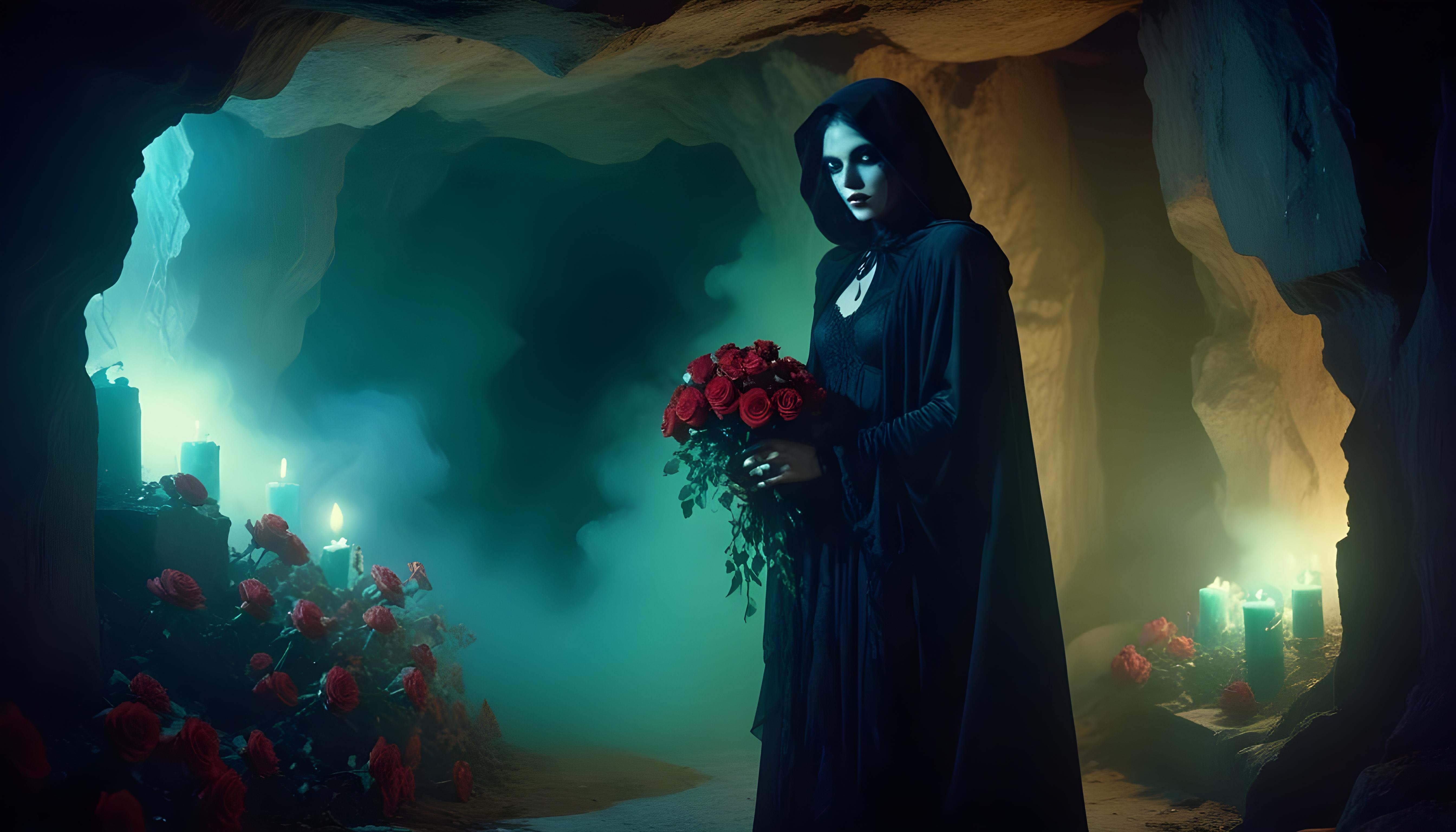 Mystical Vampire Queen Holding Red Rose in Dark Fantasy Gothic Setting