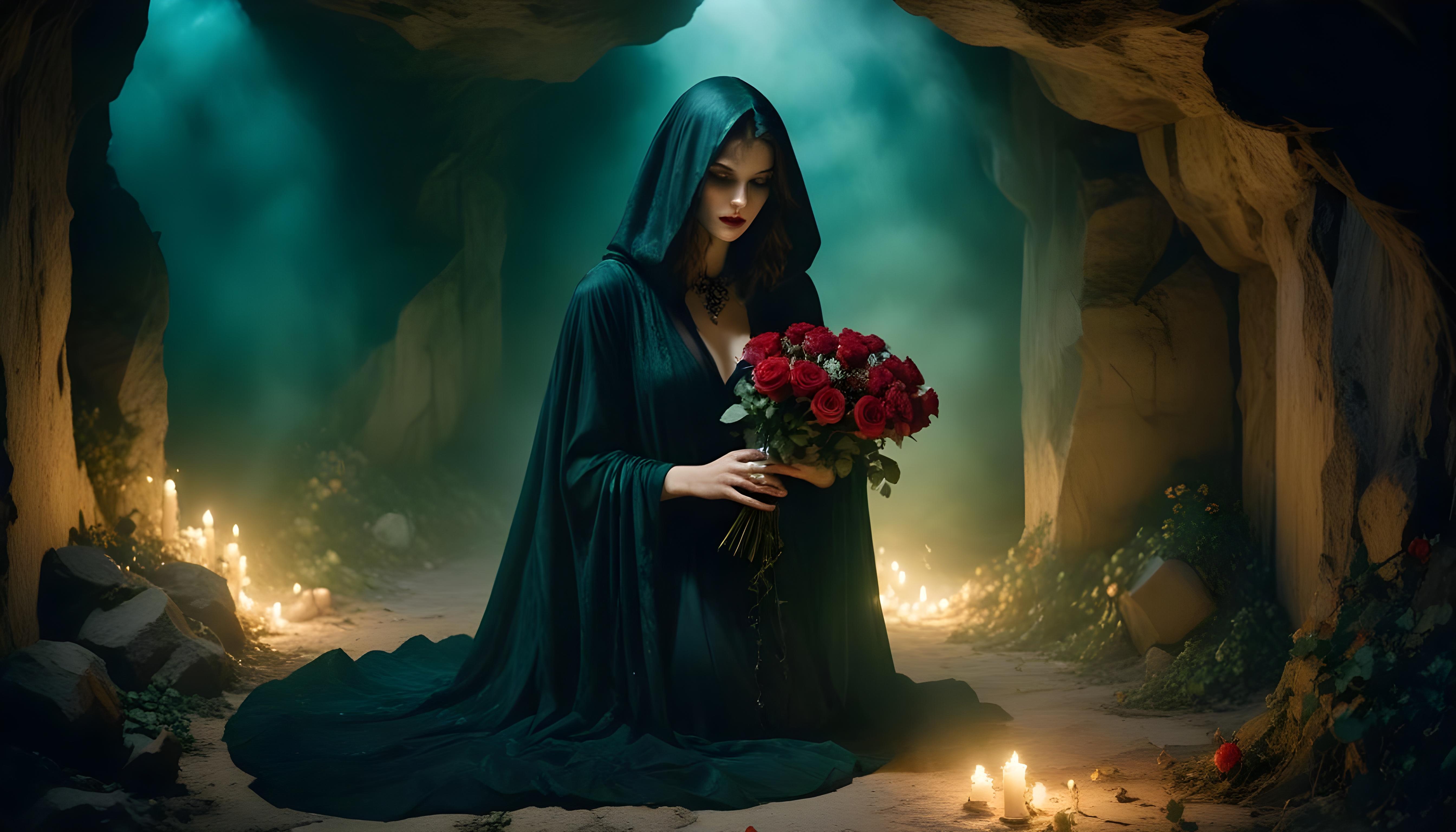 Mystical Vampire Queen Holding Red Rose in Dark Fantasy Gothic Setting