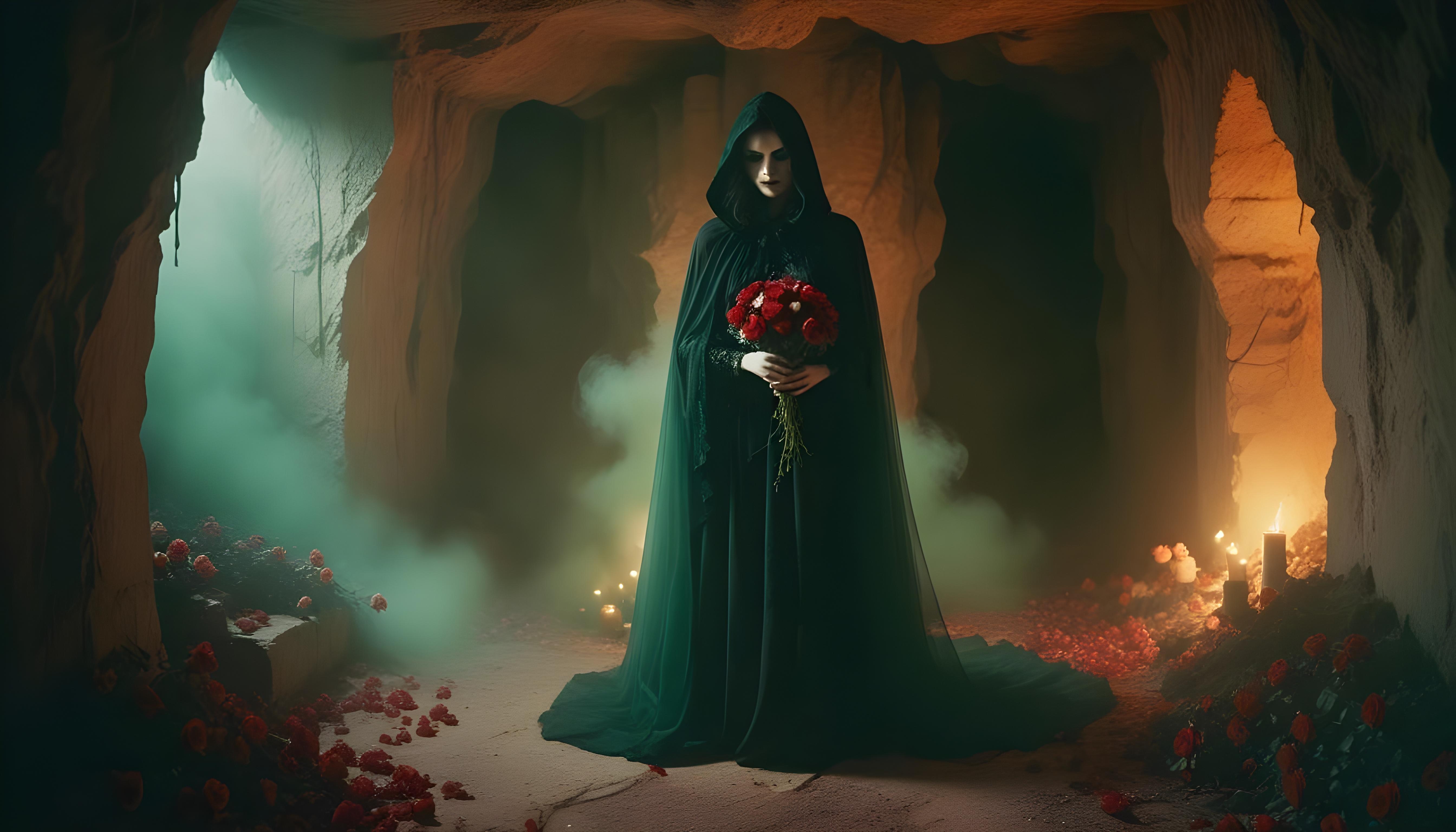 Mystical Vampire Queen Holding Red Rose in Dark Fantasy Gothic Setting