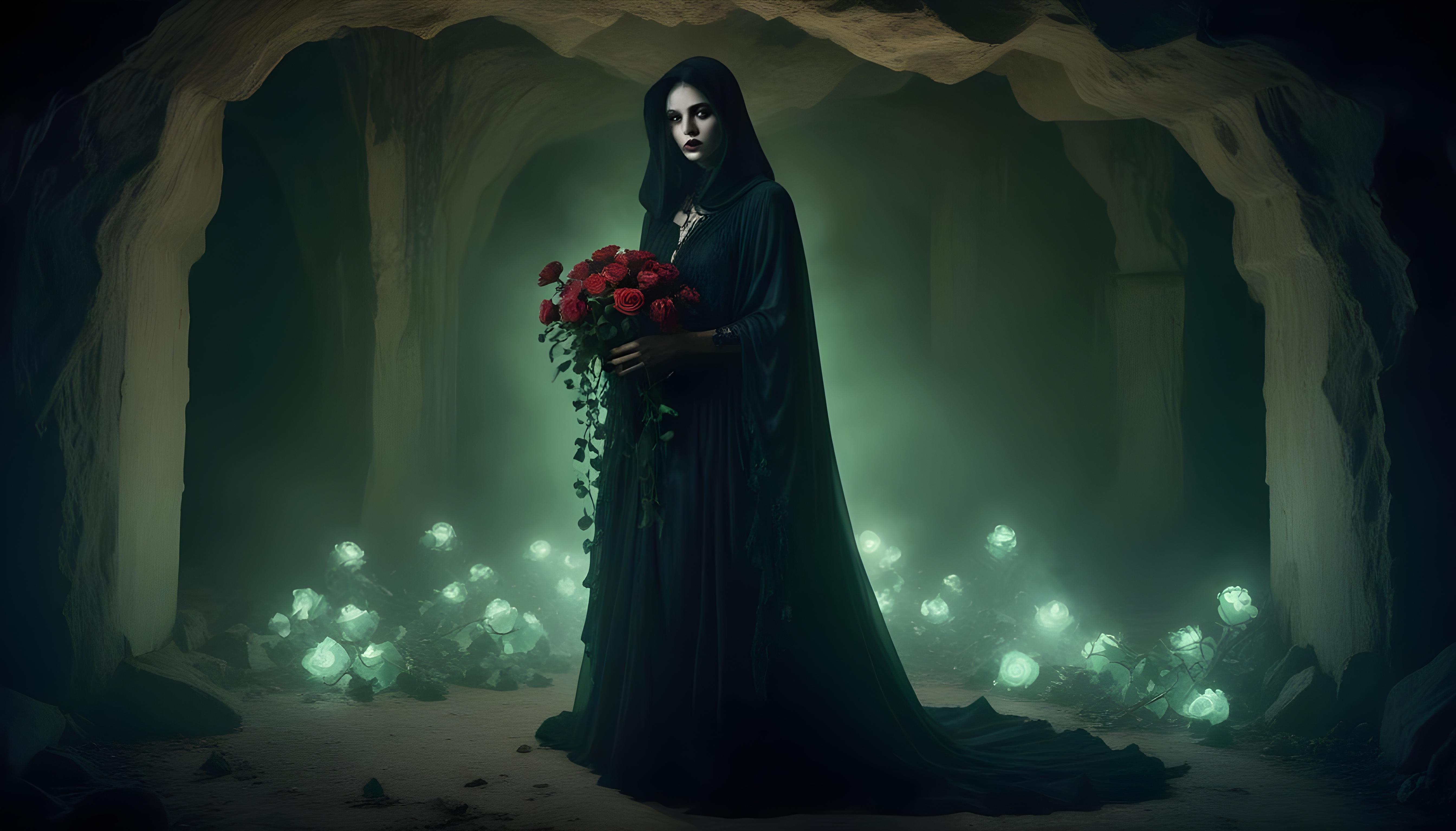 Mystical Vampire Queen Holding Red Rose in Dark Fantasy Gothic Setting