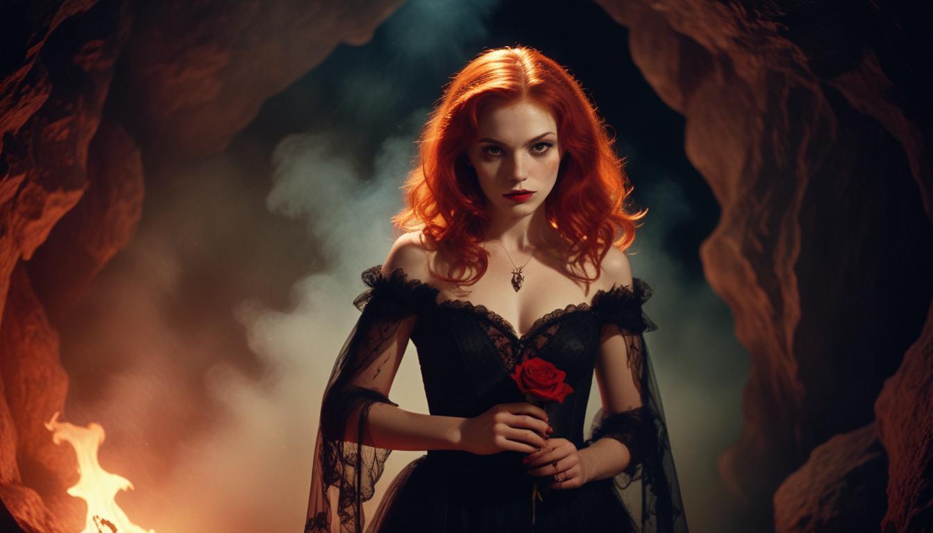 Mystical Vampire Queen Holding Red Rose in Dark Fantasy Gothic Setting