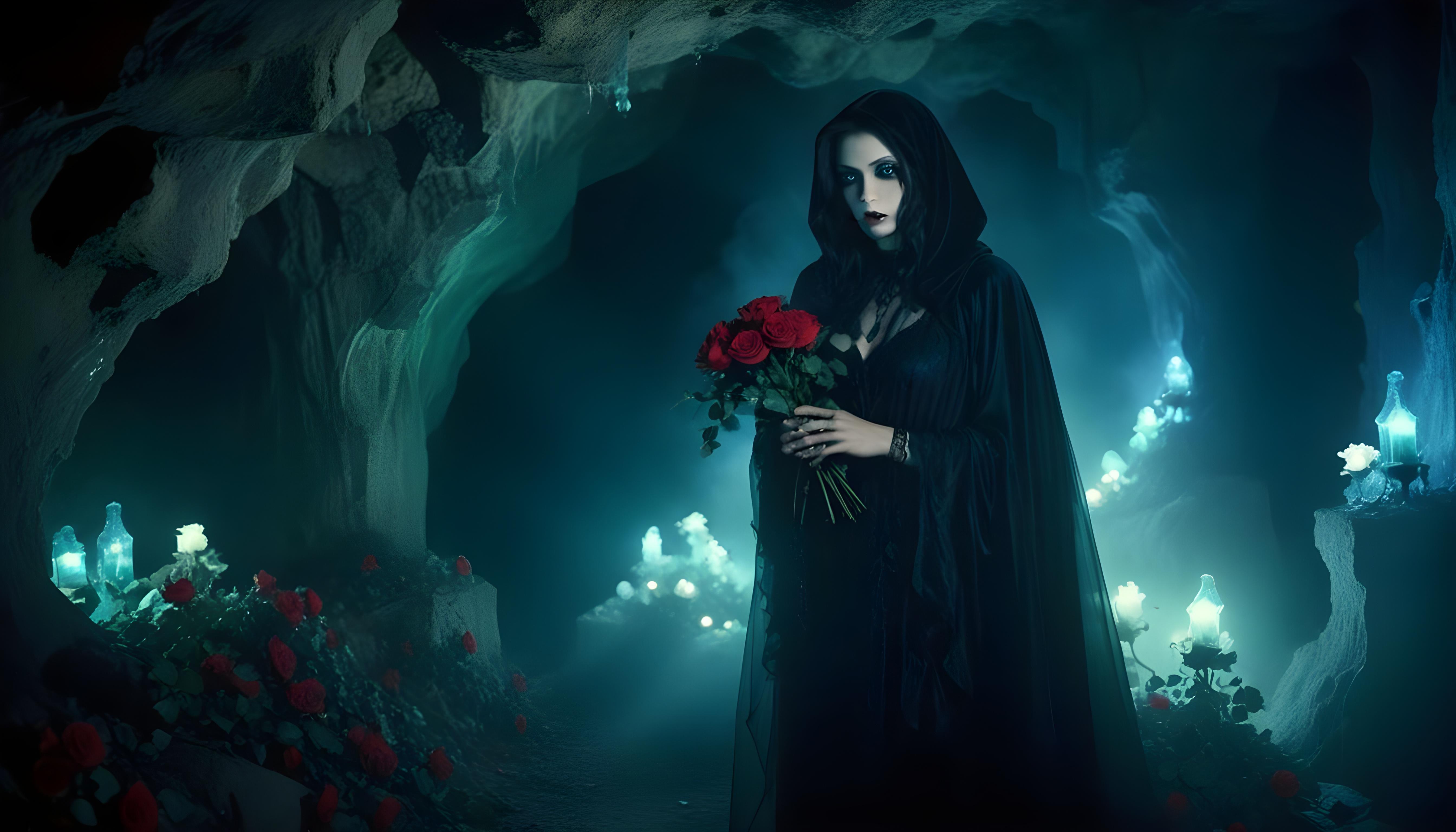 Mystical Vampire Queen Holding Red Rose in Dark Fantasy Gothic Setting