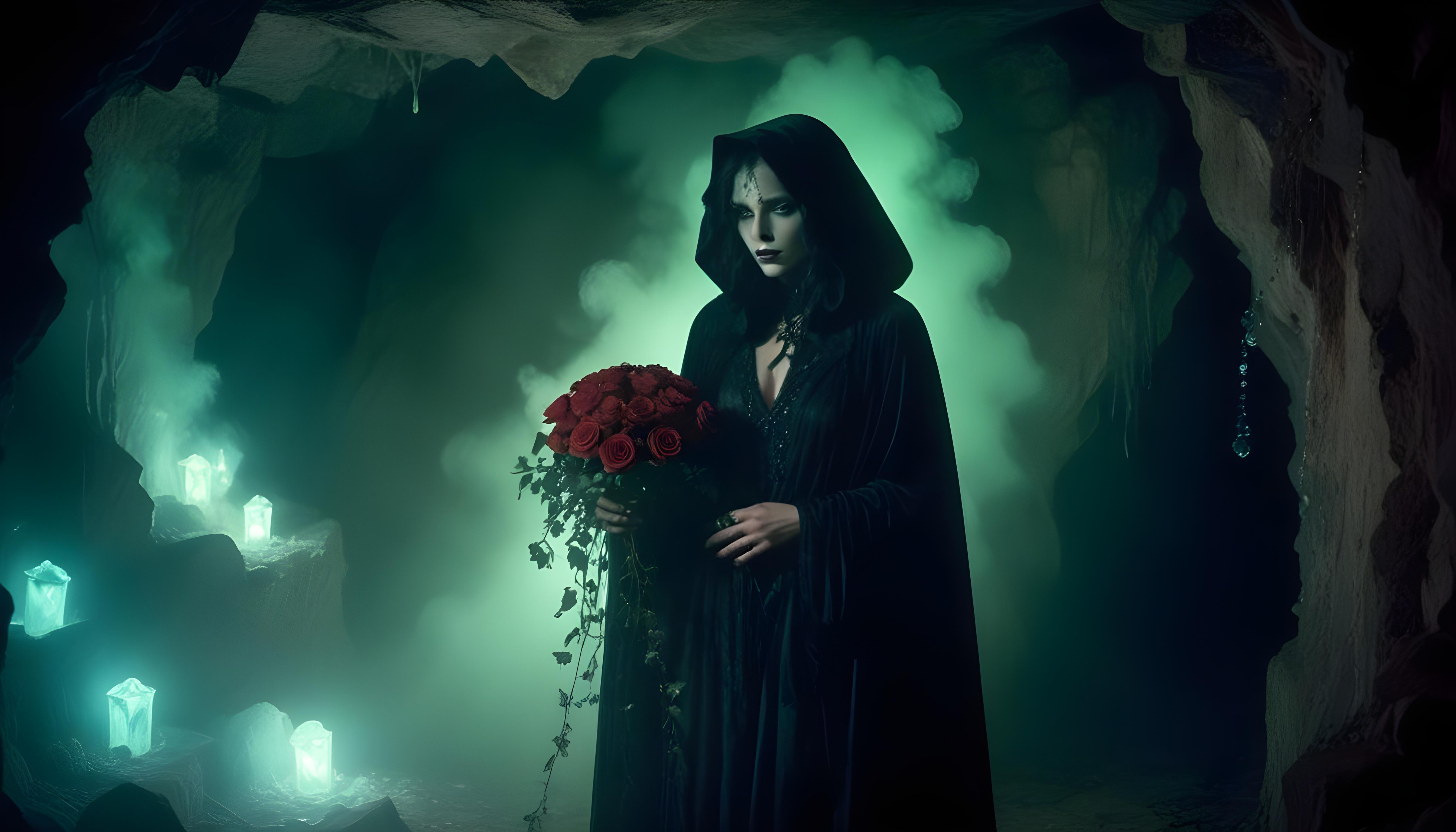 Mystical Vampire Queen Holding Red Rose in Dark Fantasy Gothic Setting