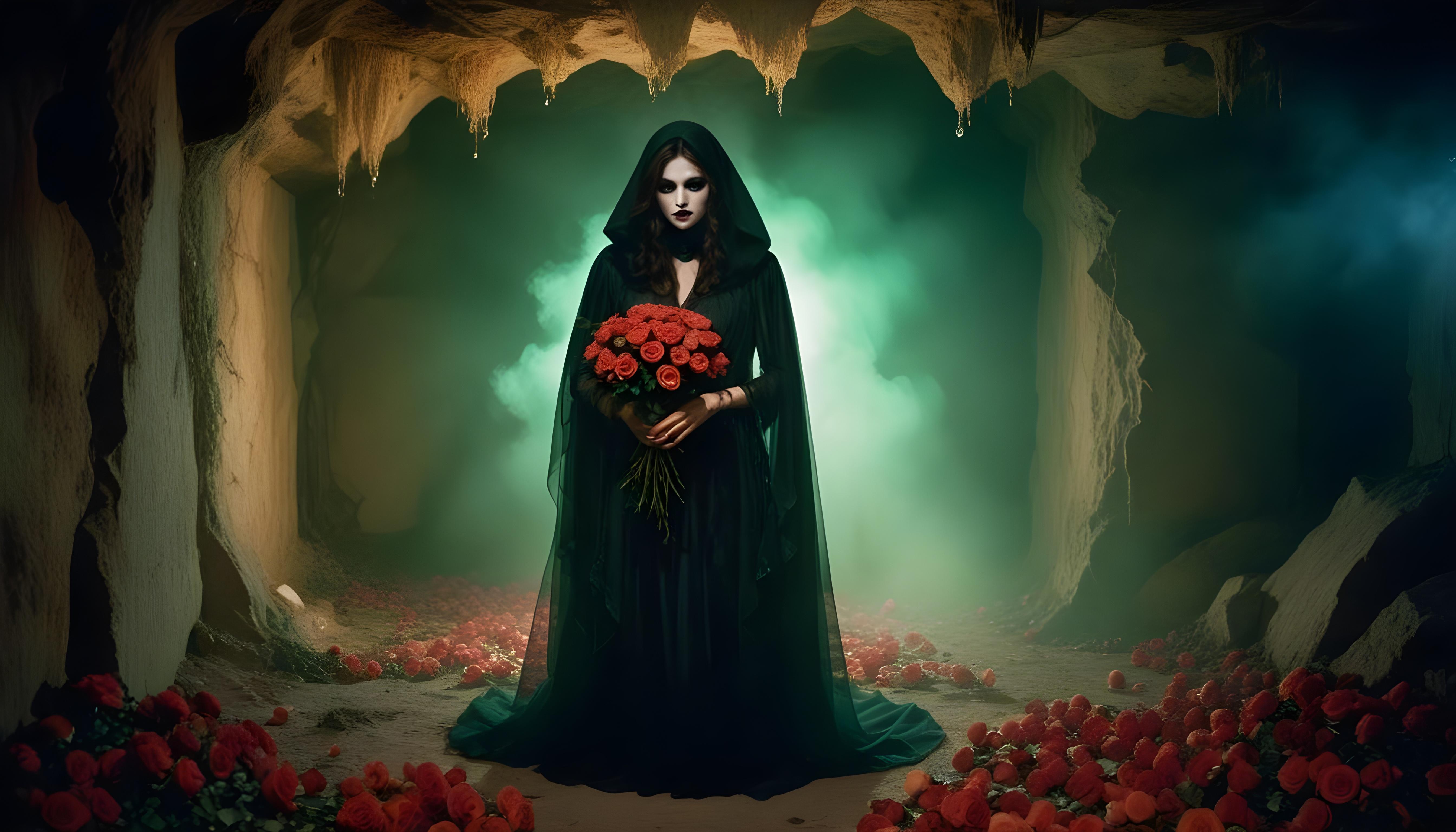 Mystical Vampire Queen Holding Red Rose in Dark Fantasy Gothic Setting