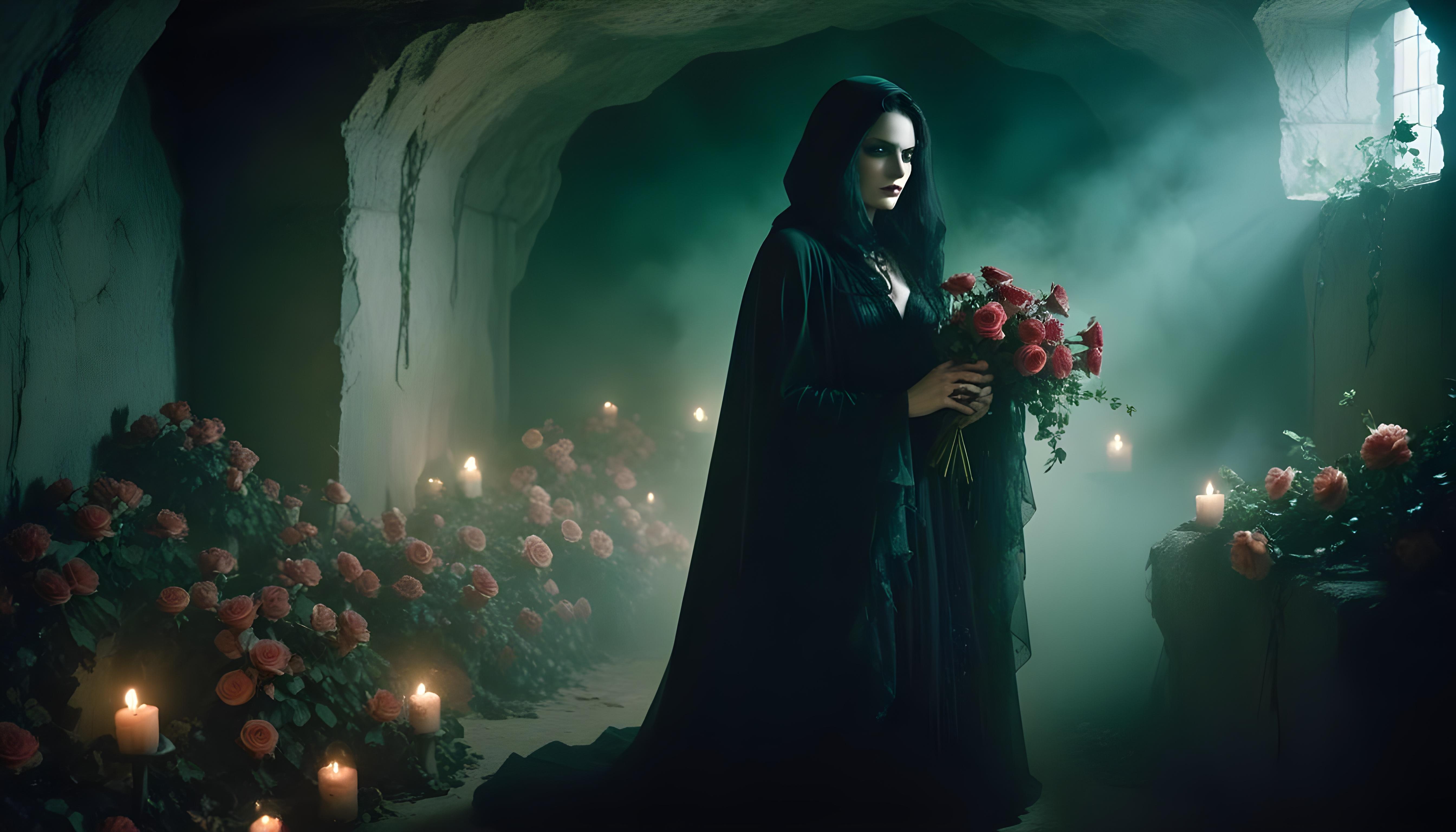 Mystical Vampire Queen Holding Red Rose in Dark Fantasy Gothic Setting