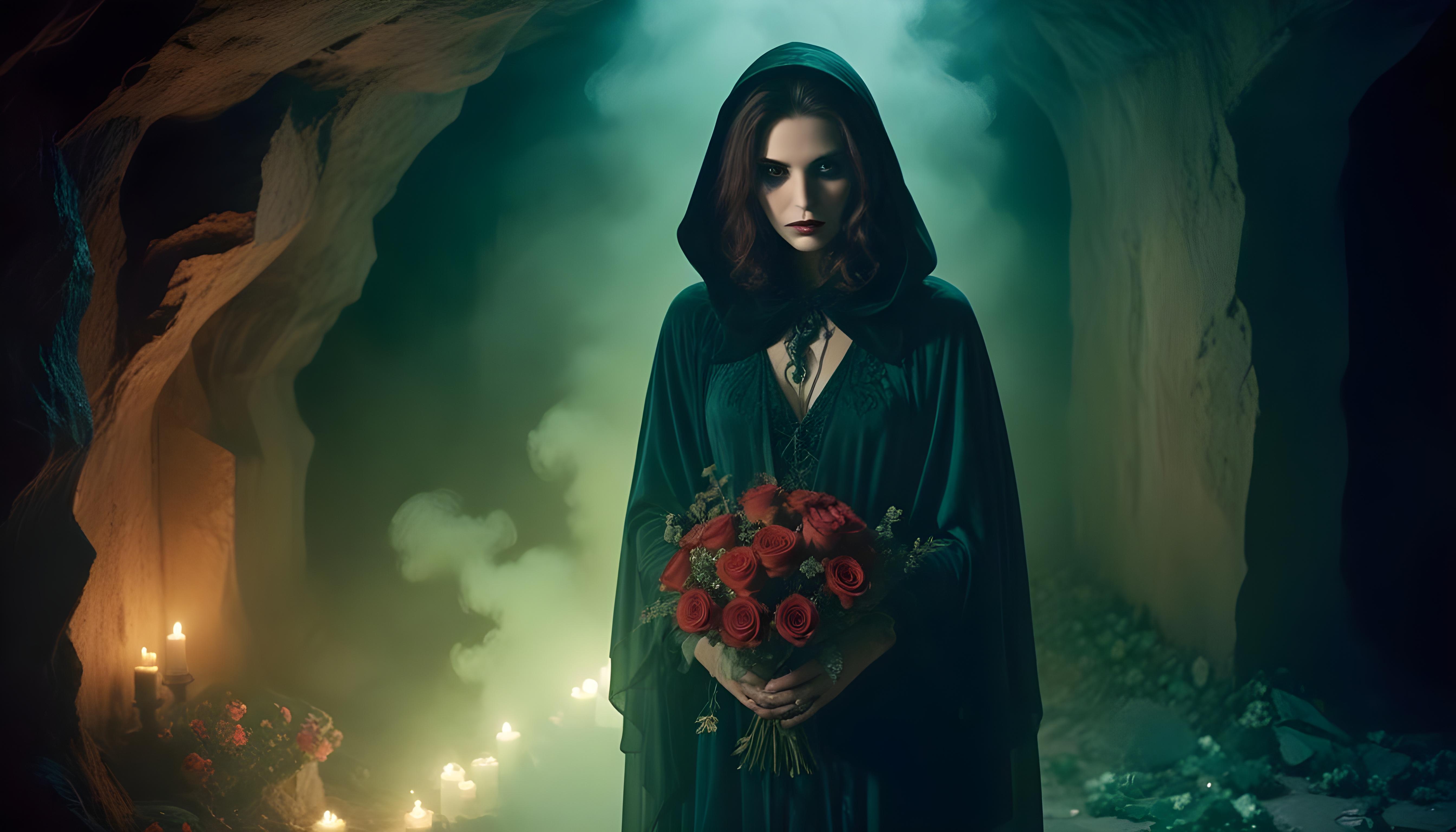 Mystical Vampire Queen Holding Red Rose in Dark Fantasy Gothic Setting