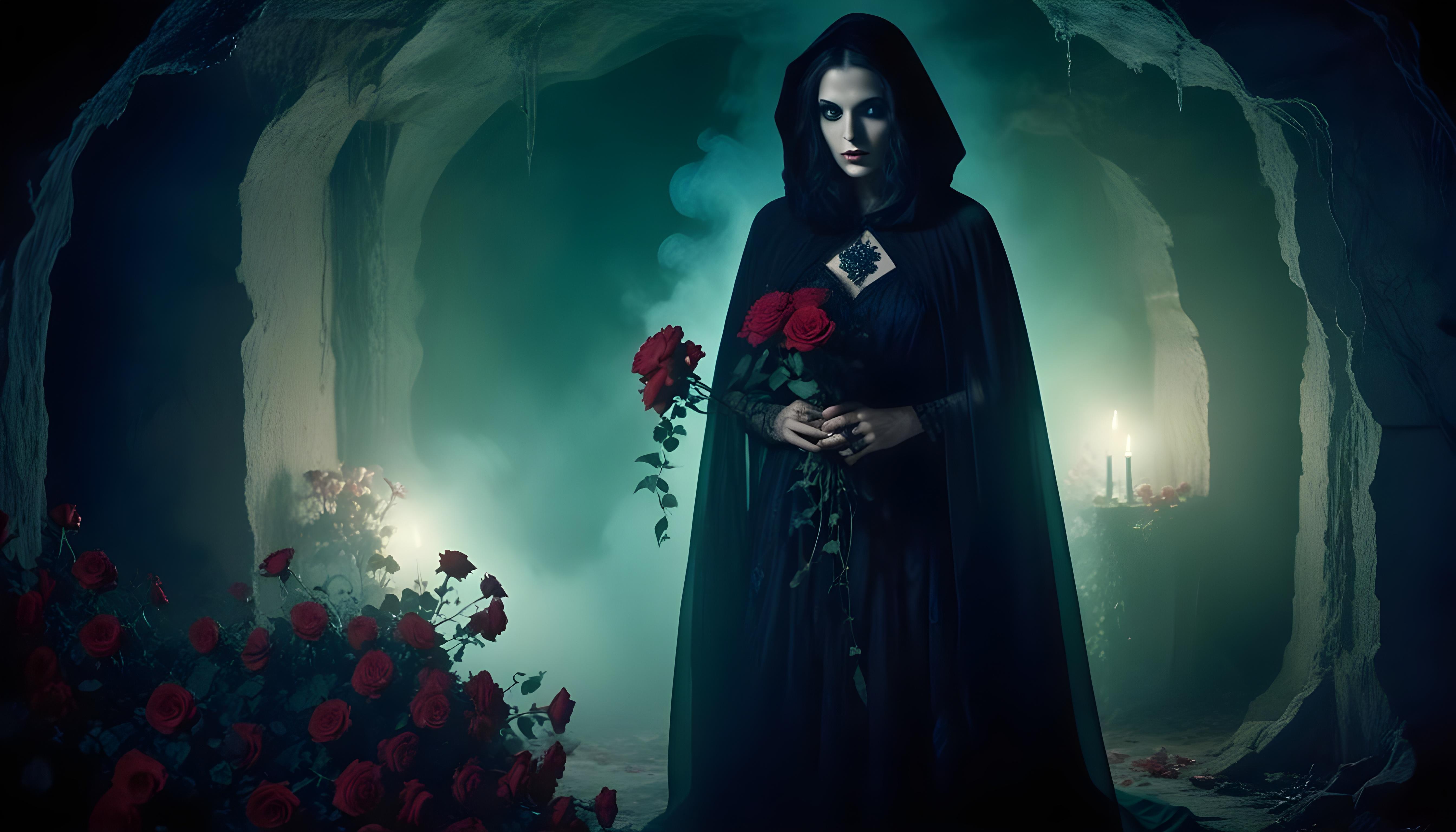 Mystical Vampire Queen Holding Red Rose in Dark Fantasy Gothic Setting