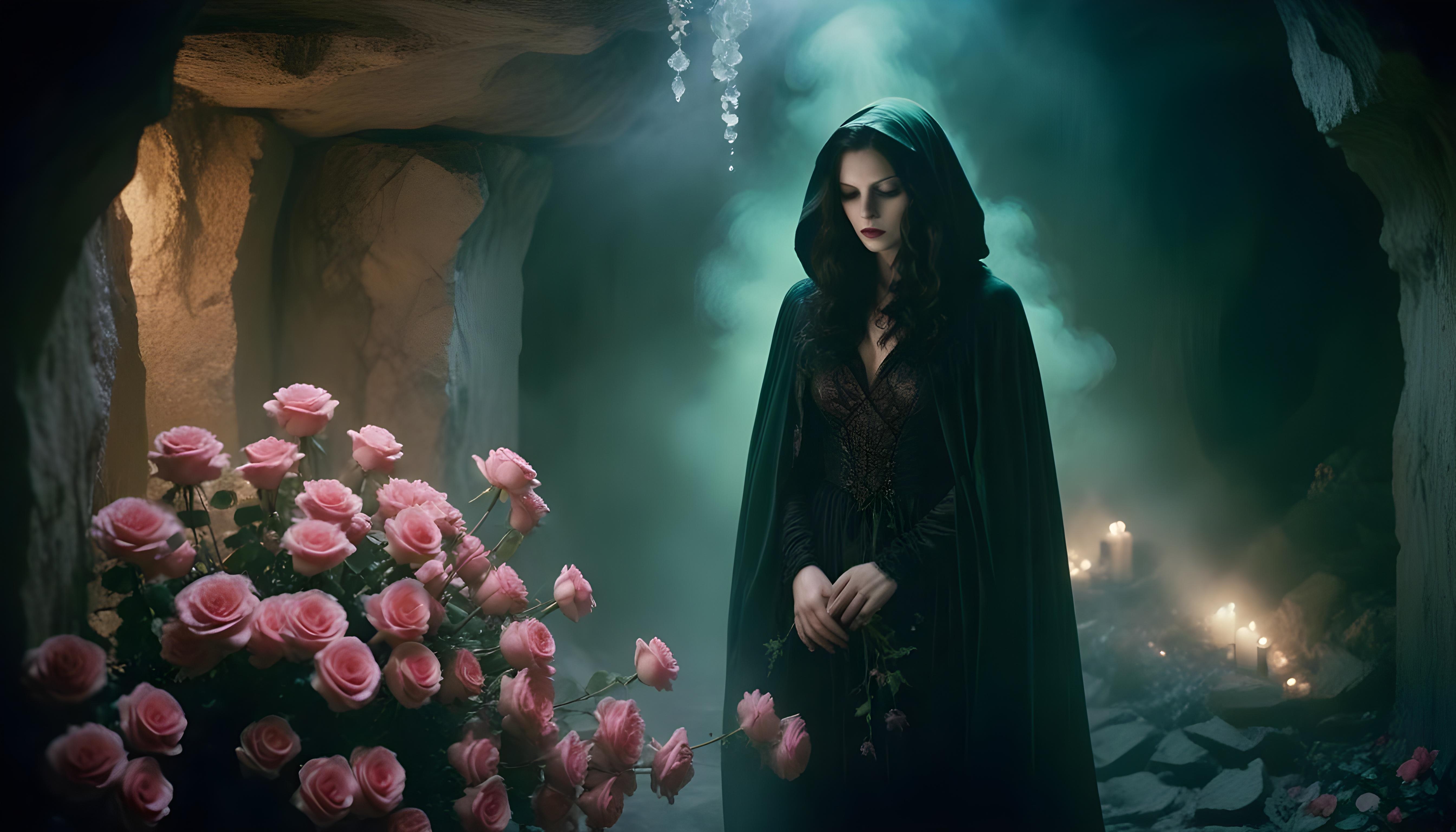 Mystical Vampire Queen Holding Red Rose in Dark Fantasy Gothic Setting