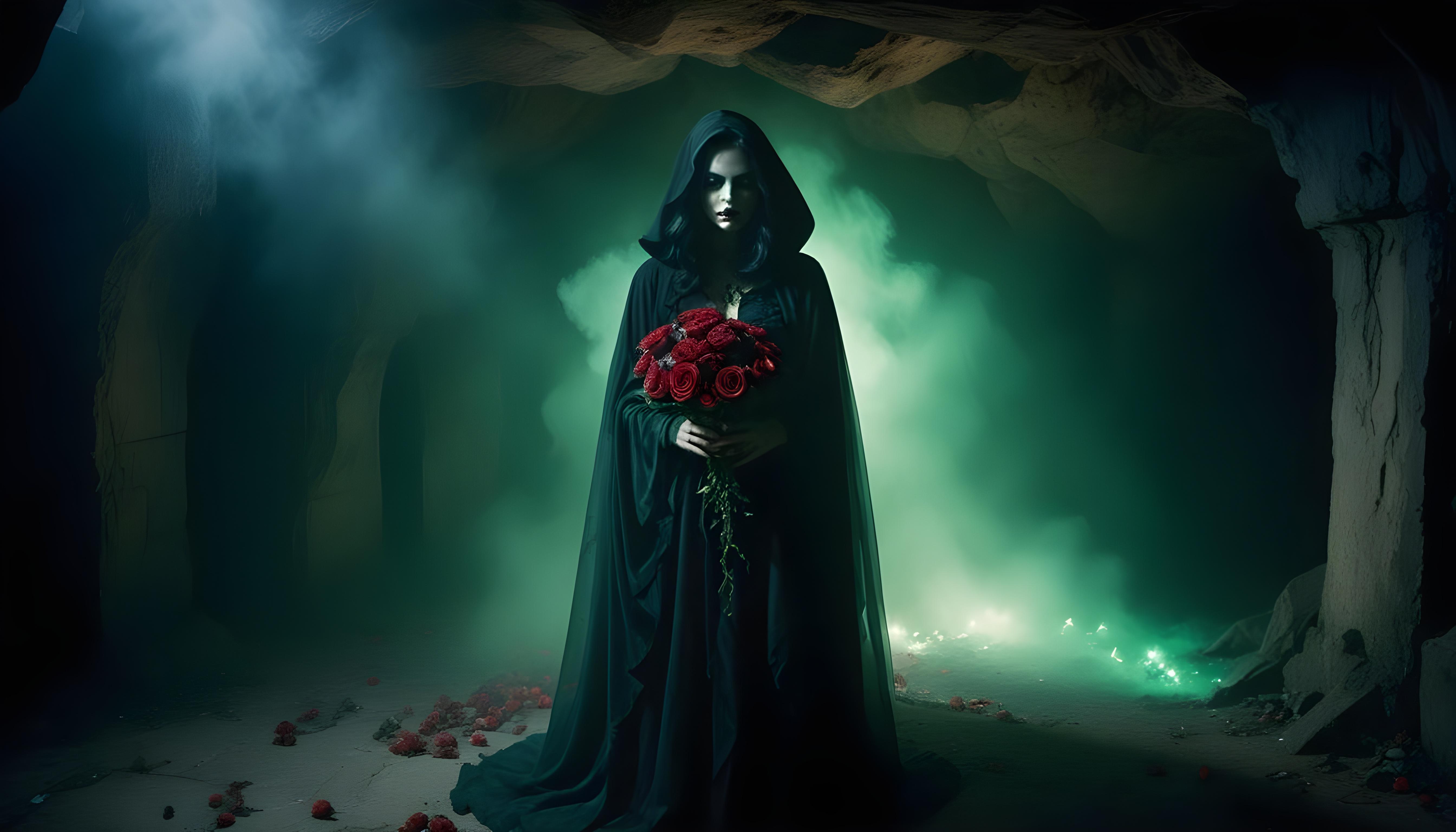 Mystical Vampire Queen Holding Red Rose in Dark Fantasy Gothic Setting
