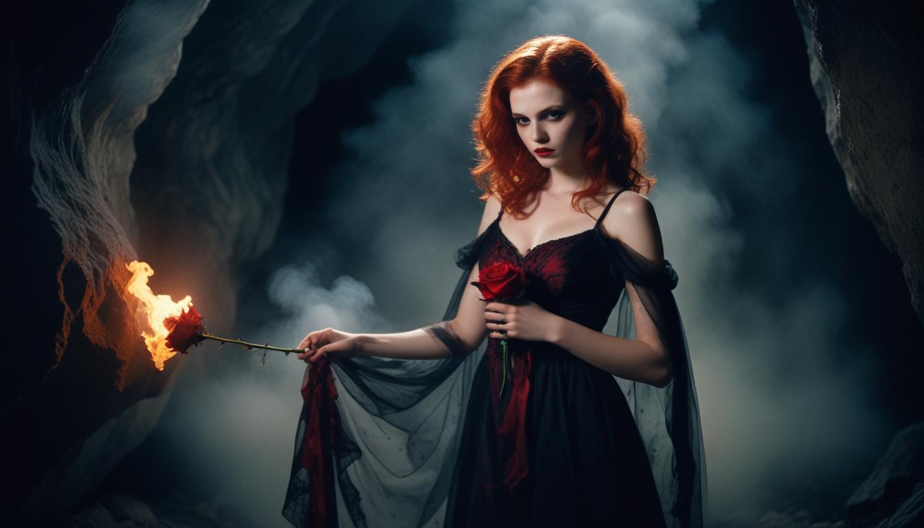 Mystical Vampire Queen Holding Red Rose in Dark Fantasy Gothic Setting