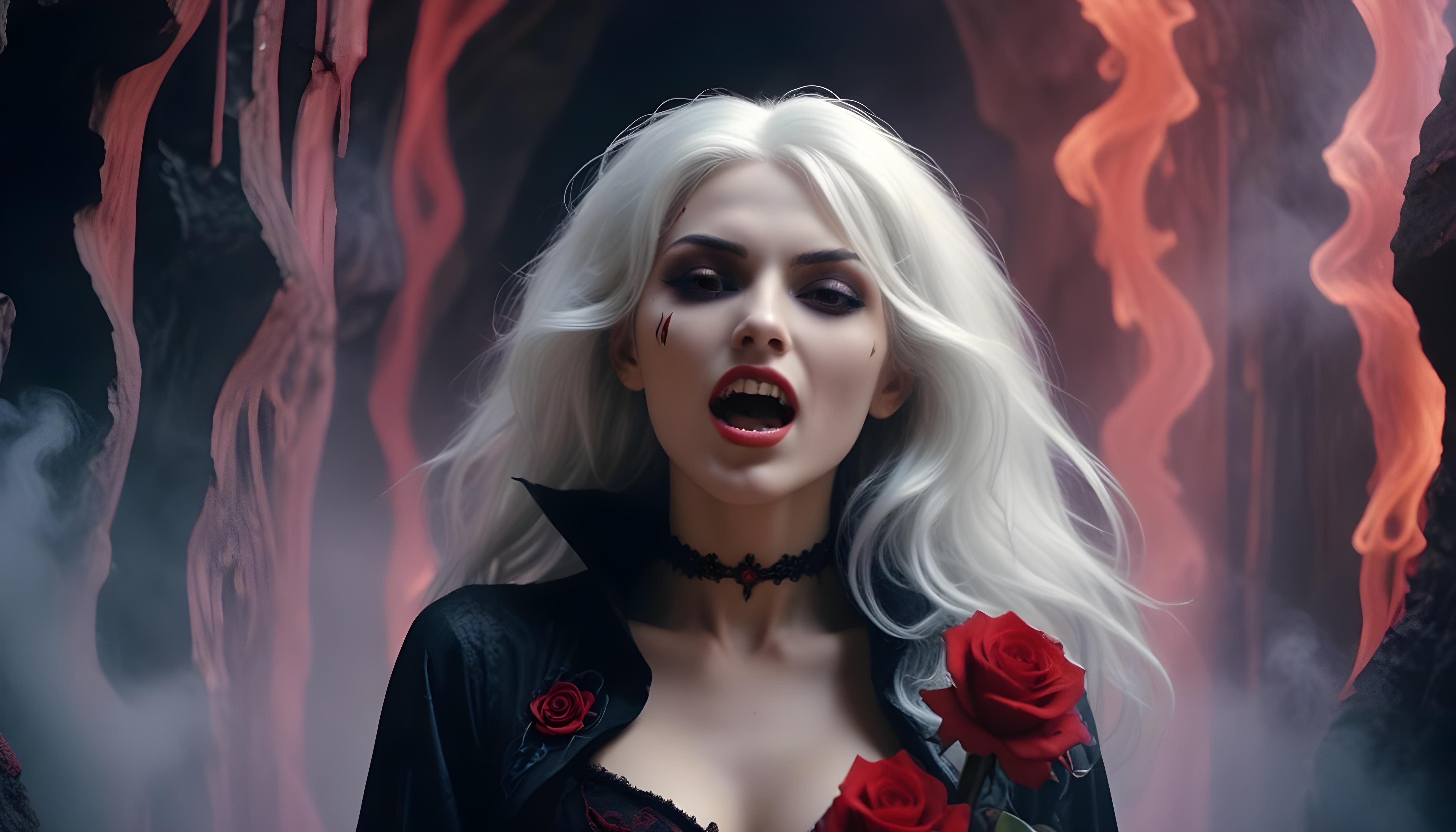 Mystical Vampire Queen Holding Red Rose in Dark Fantasy Gothic Setting