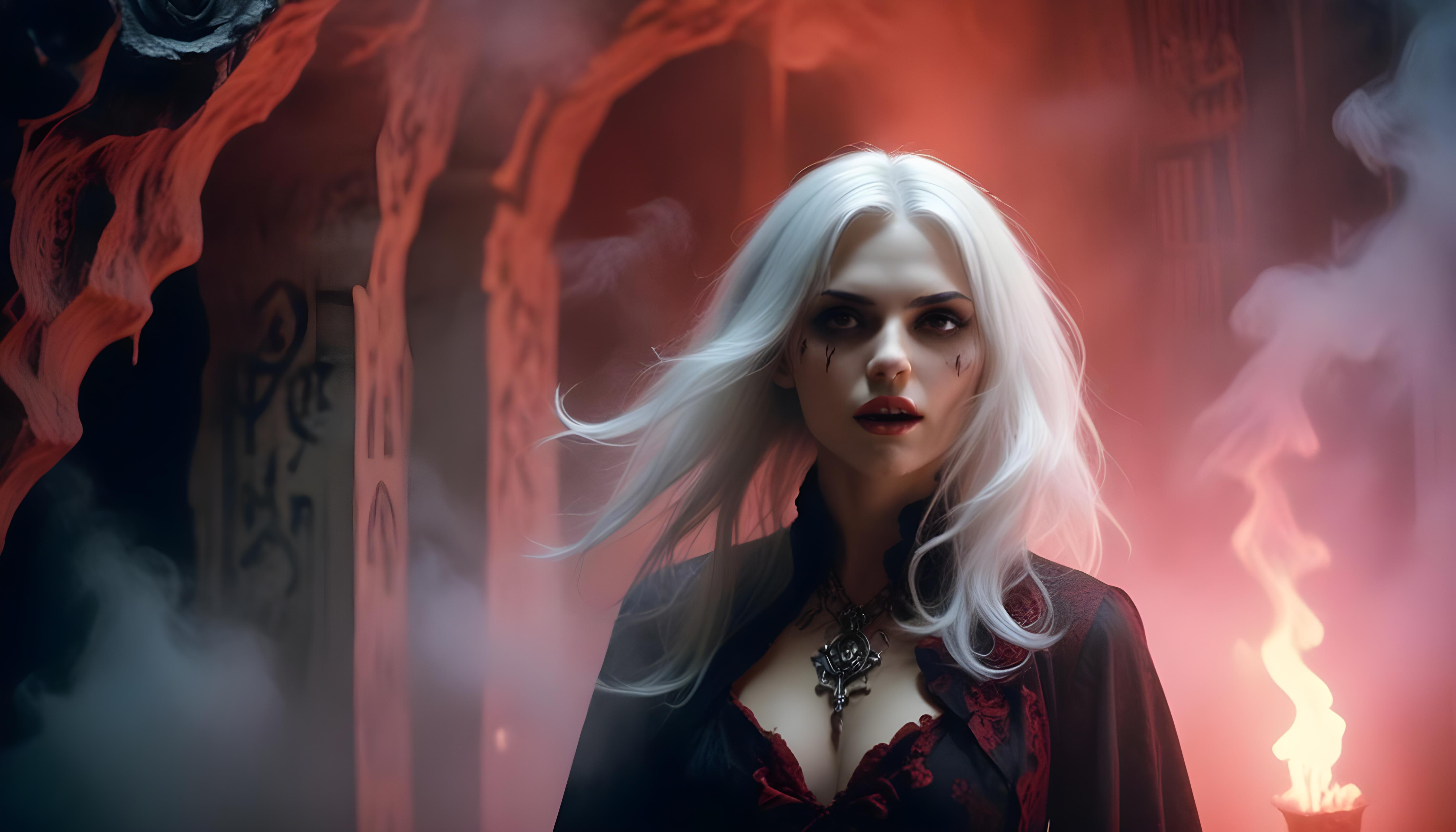 Mystical Vampire Queen Holding Red Rose in Dark Fantasy Gothic Setting