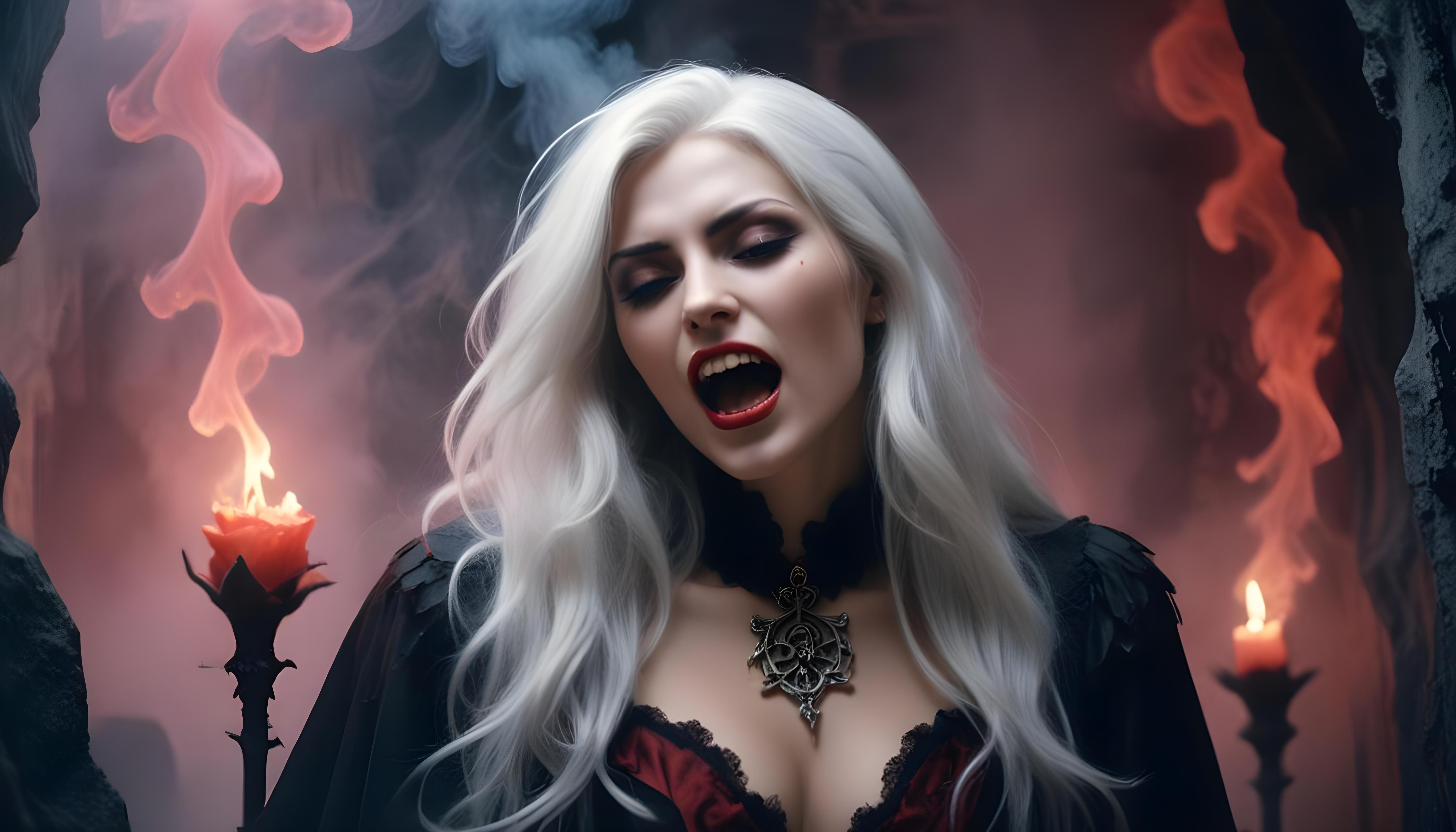 Mystical Vampire Queen Holding Red Rose in Dark Fantasy Gothic Setting