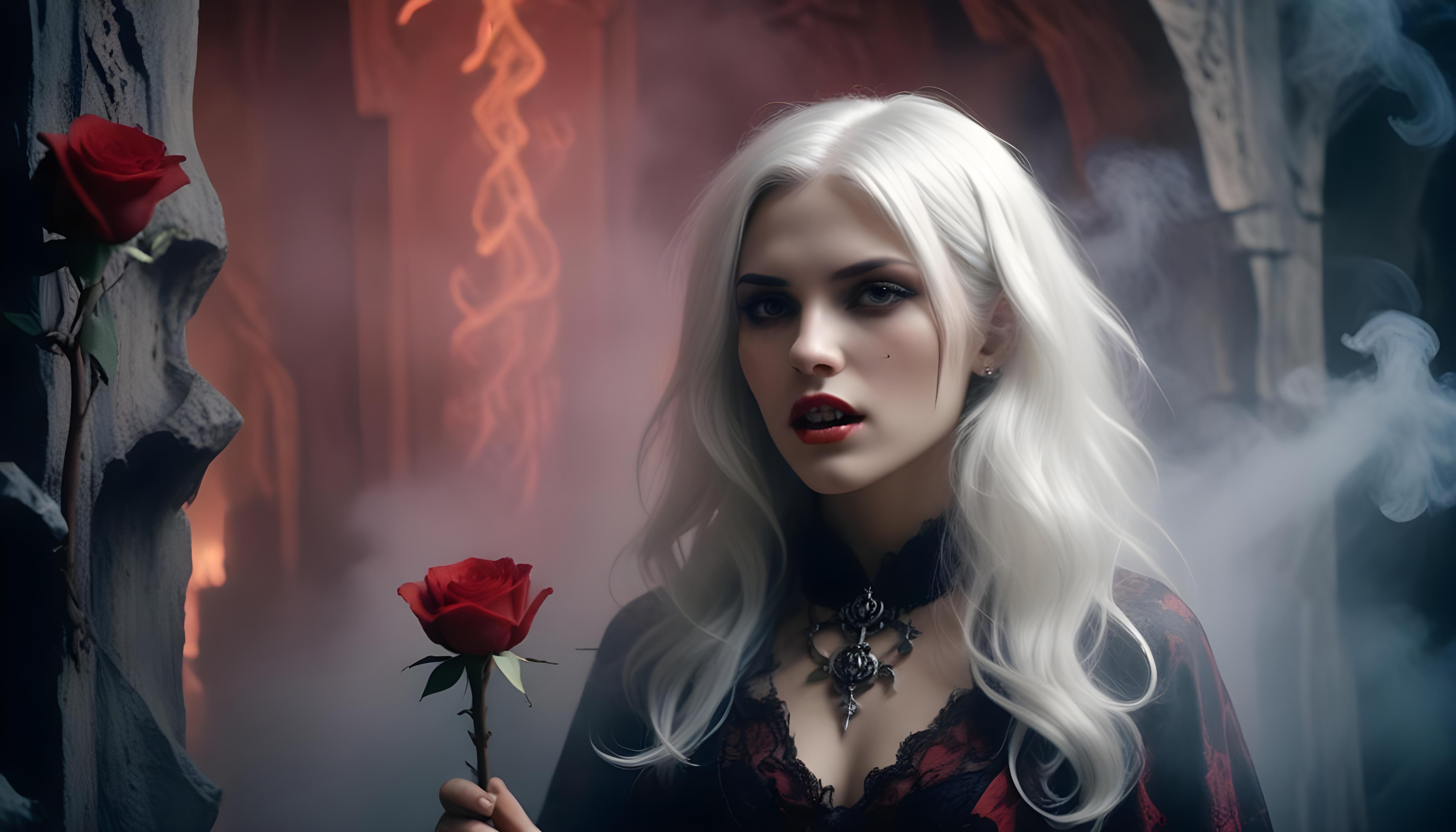 Mystical Vampire Queen Holding Red Rose in Dark Fantasy Gothic Setting