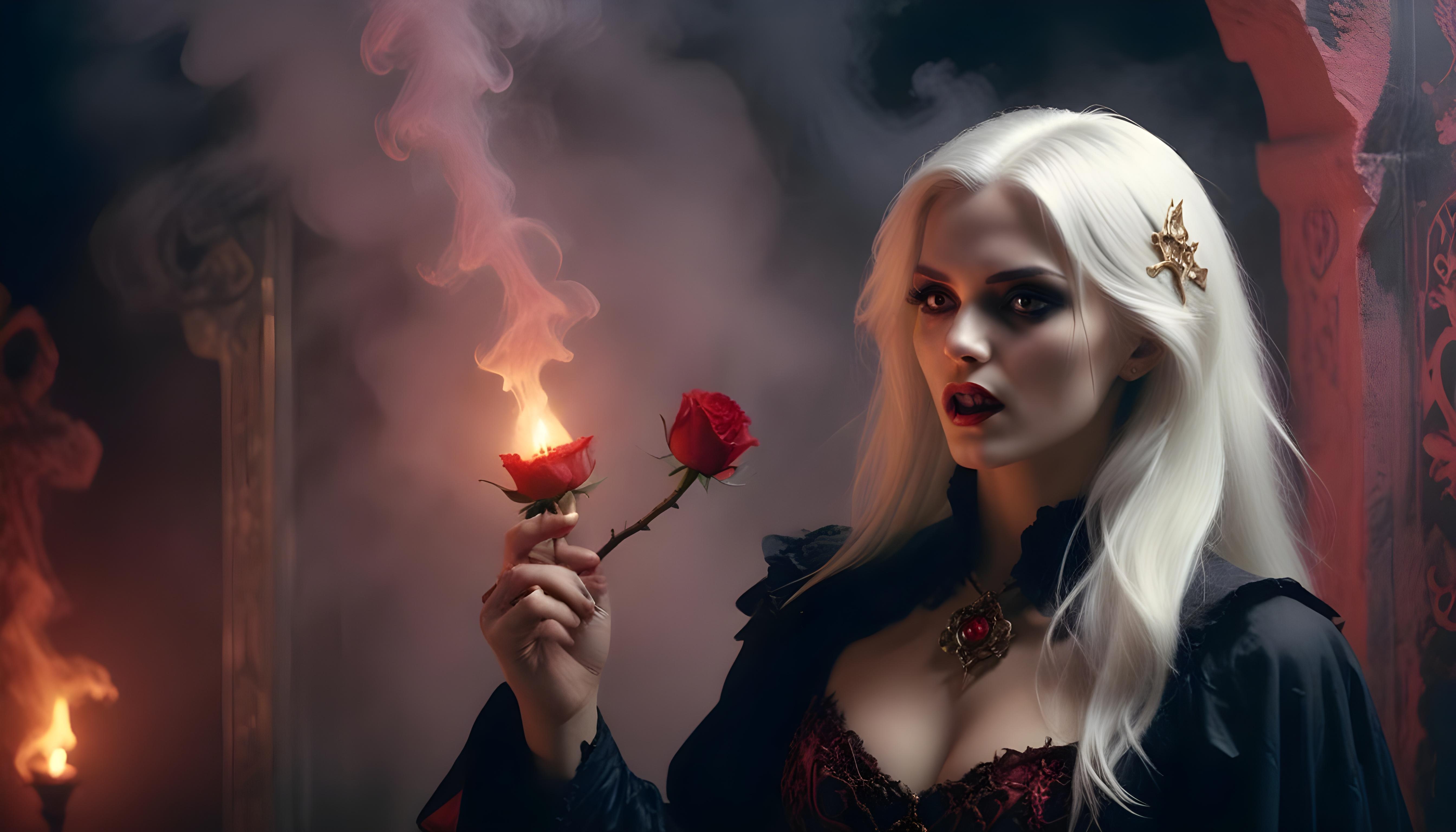 Mystical Vampire Queen Holding Red Rose in Dark Fantasy Gothic Setting