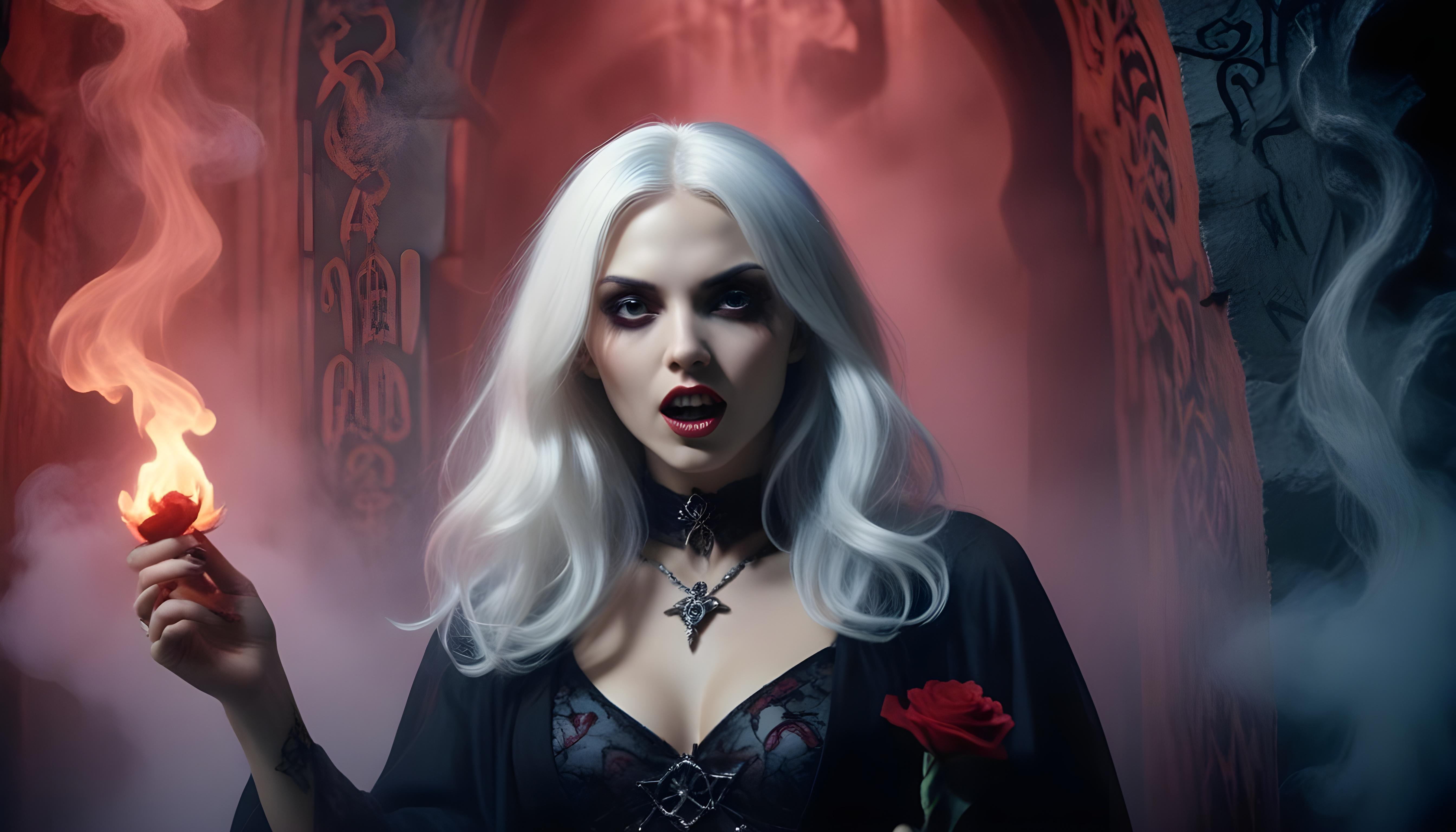 Mystical Vampire Queen Holding Red Rose in Dark Fantasy Gothic Setting