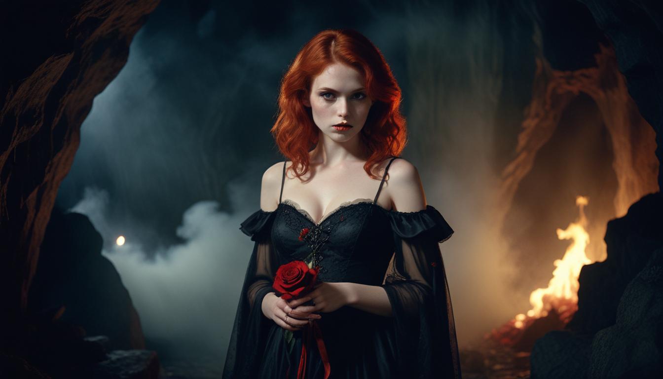 Mystical Vampire Queen Holding Red Rose in Dark Fantasy Gothic Setting