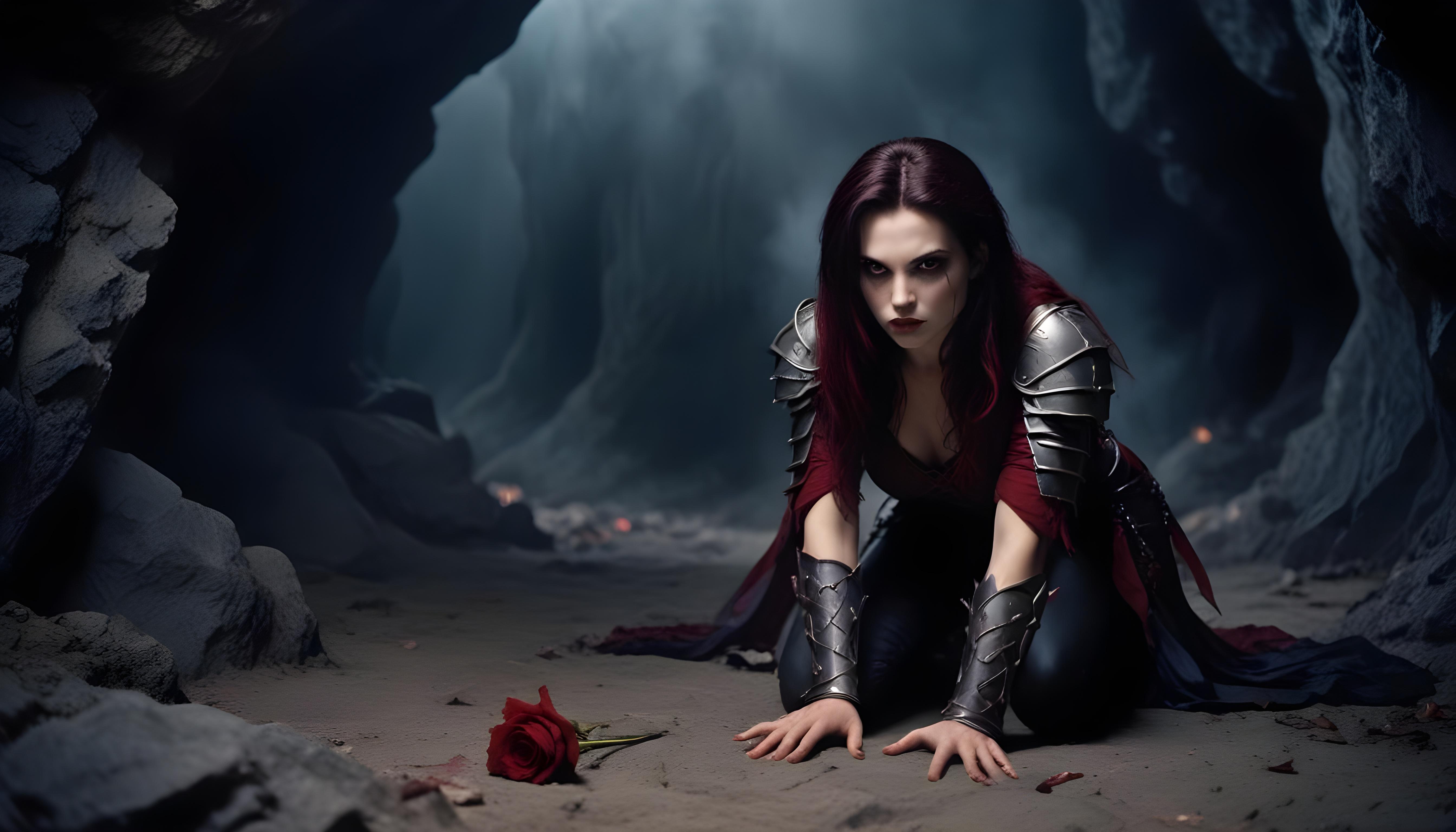 Mystical Vampire Queen Holding Red Rose in Dark Fantasy Gothic Setting