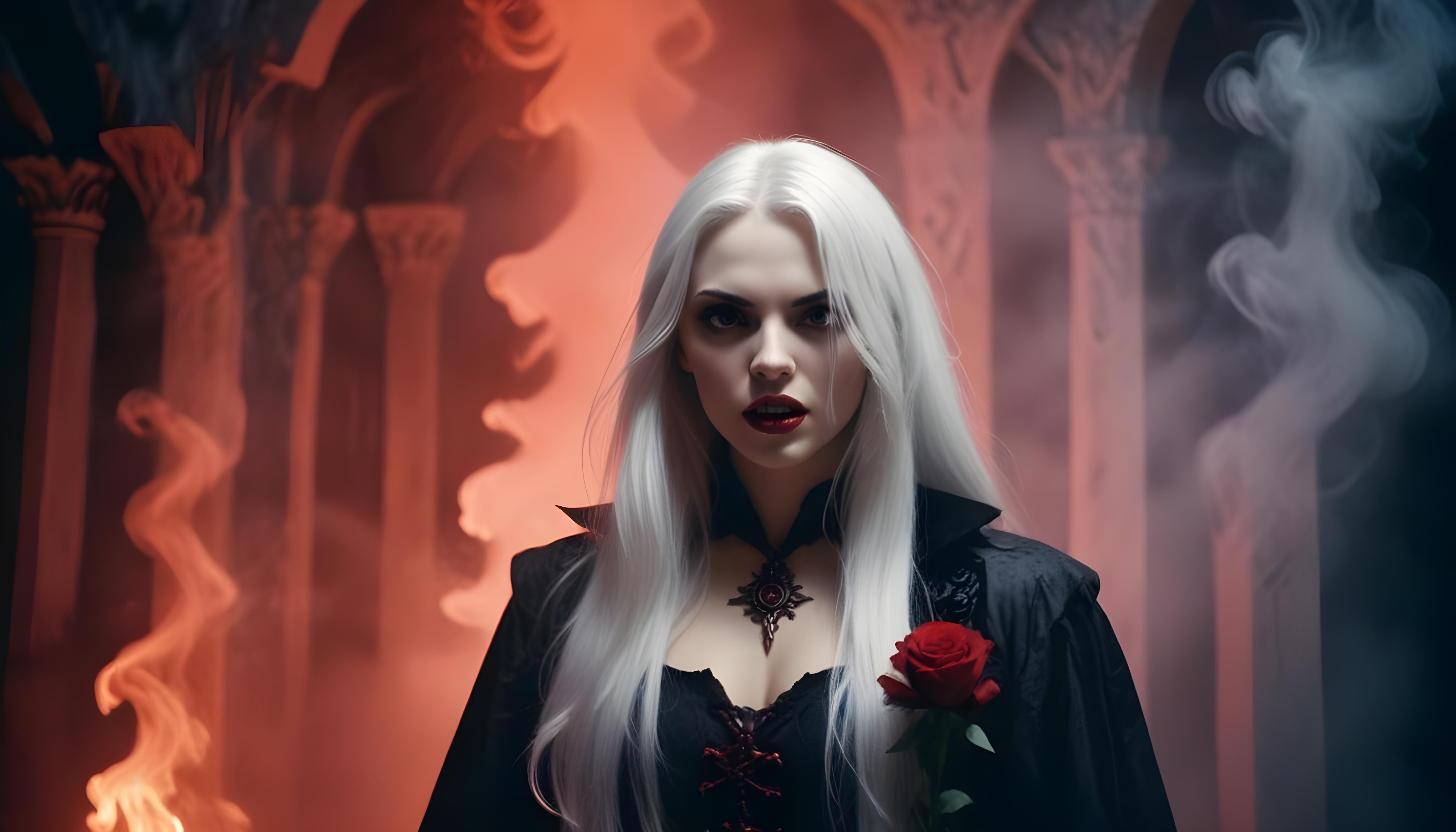 Mystical Vampire Queen Holding Red Rose in Dark Fantasy Gothic Setting
