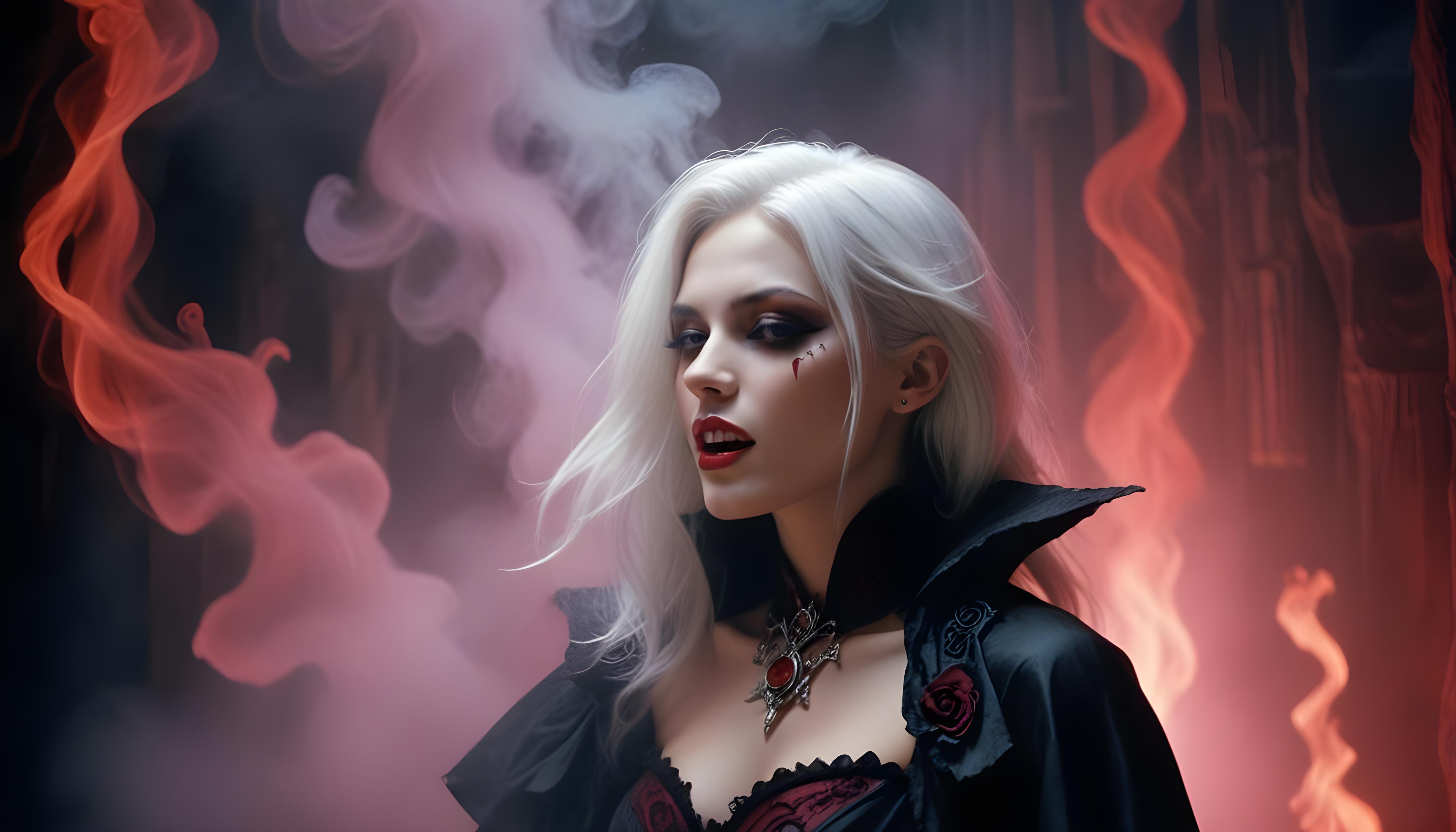 Mystical Vampire Queen Holding Red Rose in Dark Fantasy Gothic Setting