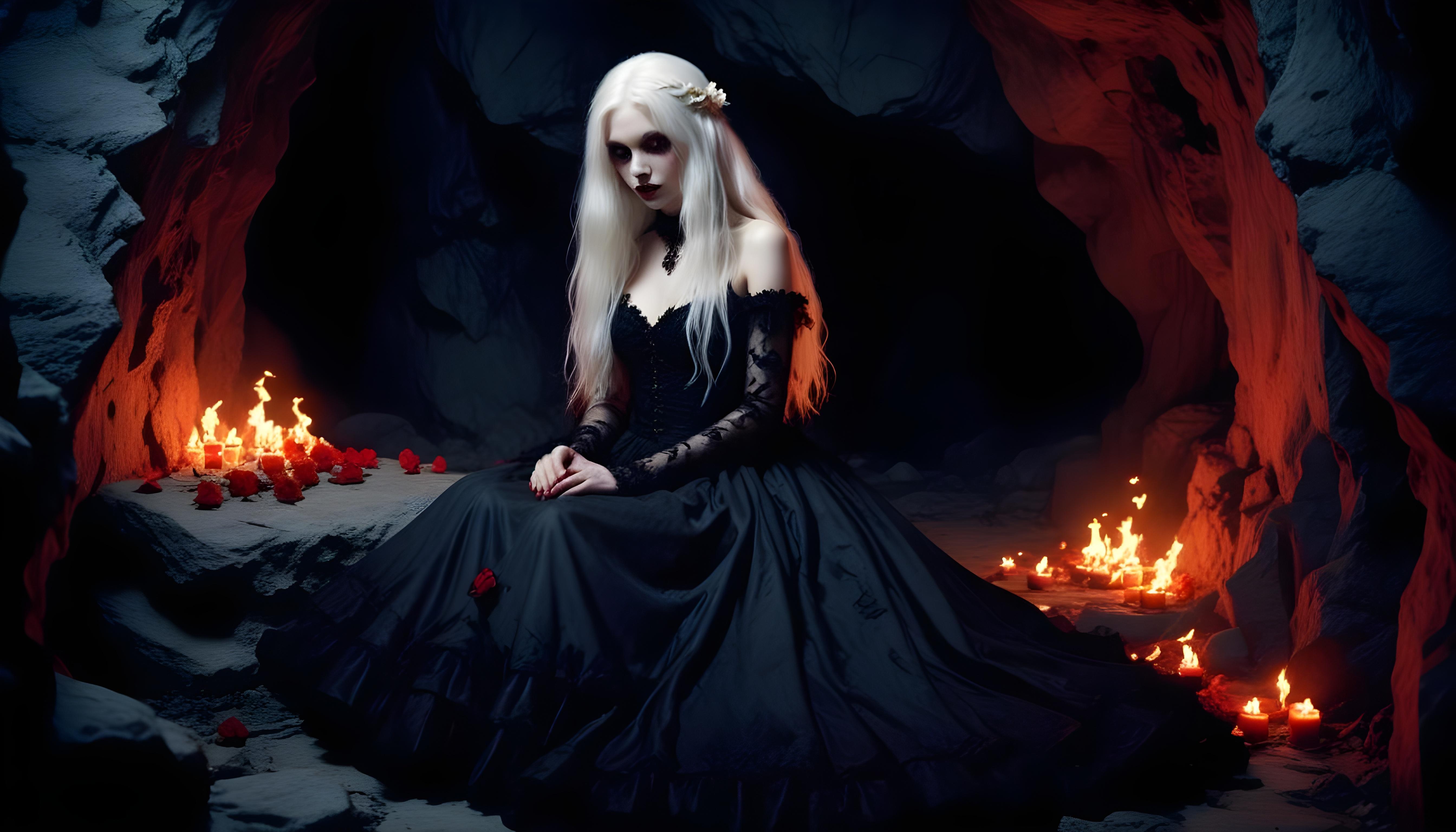 Mystical Vampire Queen Holding Red Rose in Dark Fantasy Gothic Setting