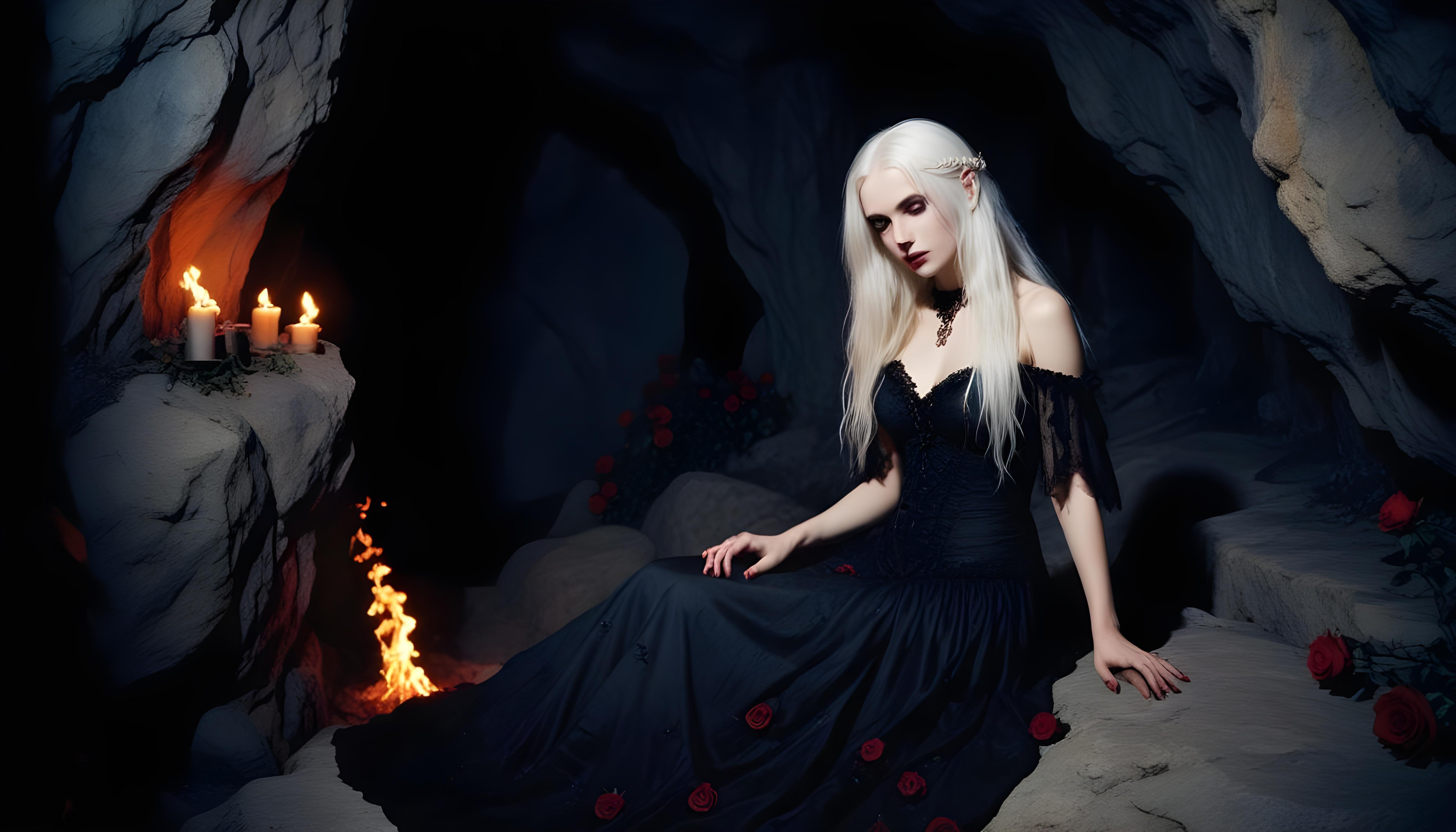 Mystical Vampire Queen Holding Red Rose in Dark Fantasy Gothic Setting