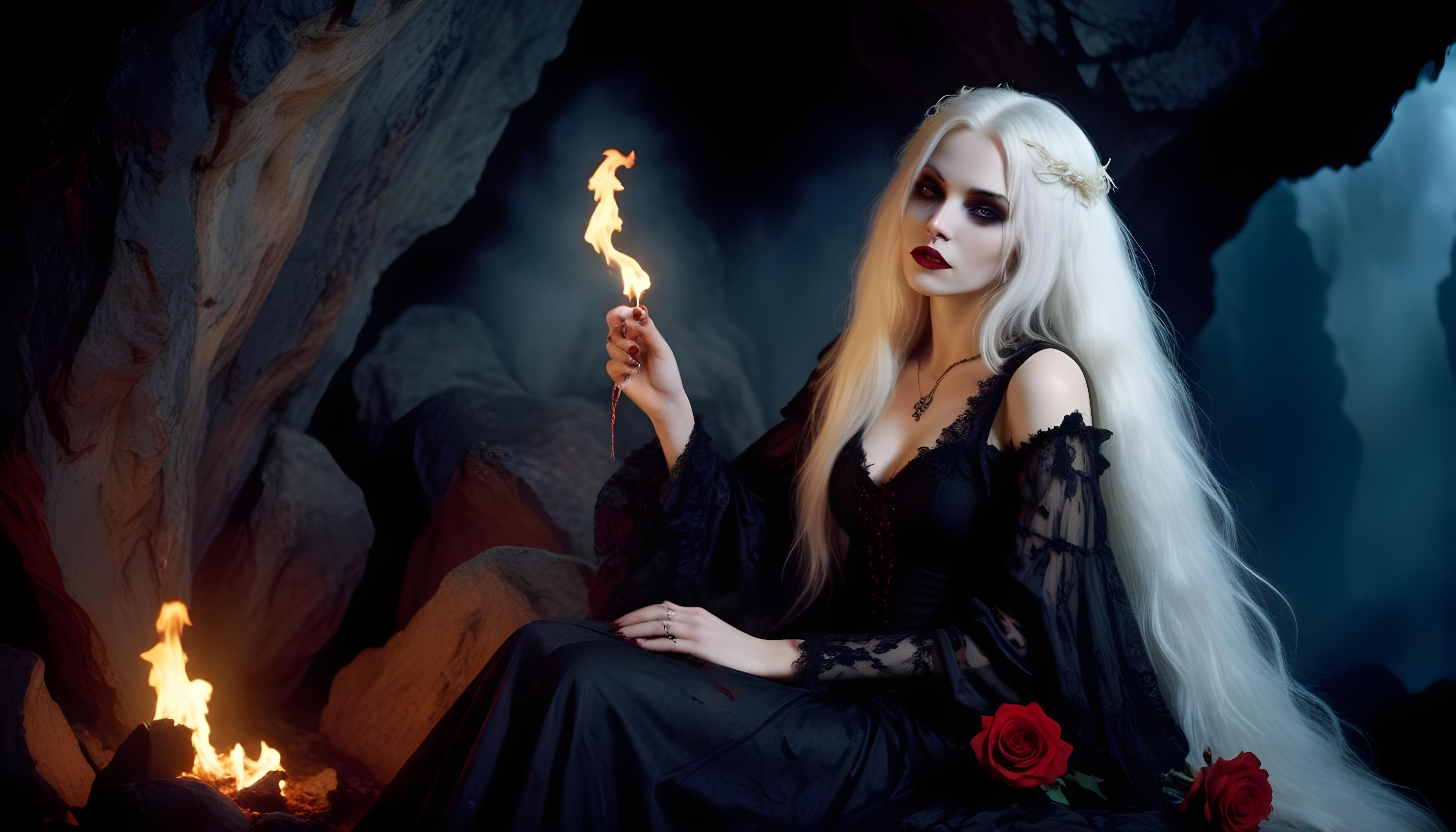 Mystical Vampire Queen Holding Red Rose in Dark Fantasy Gothic Setting