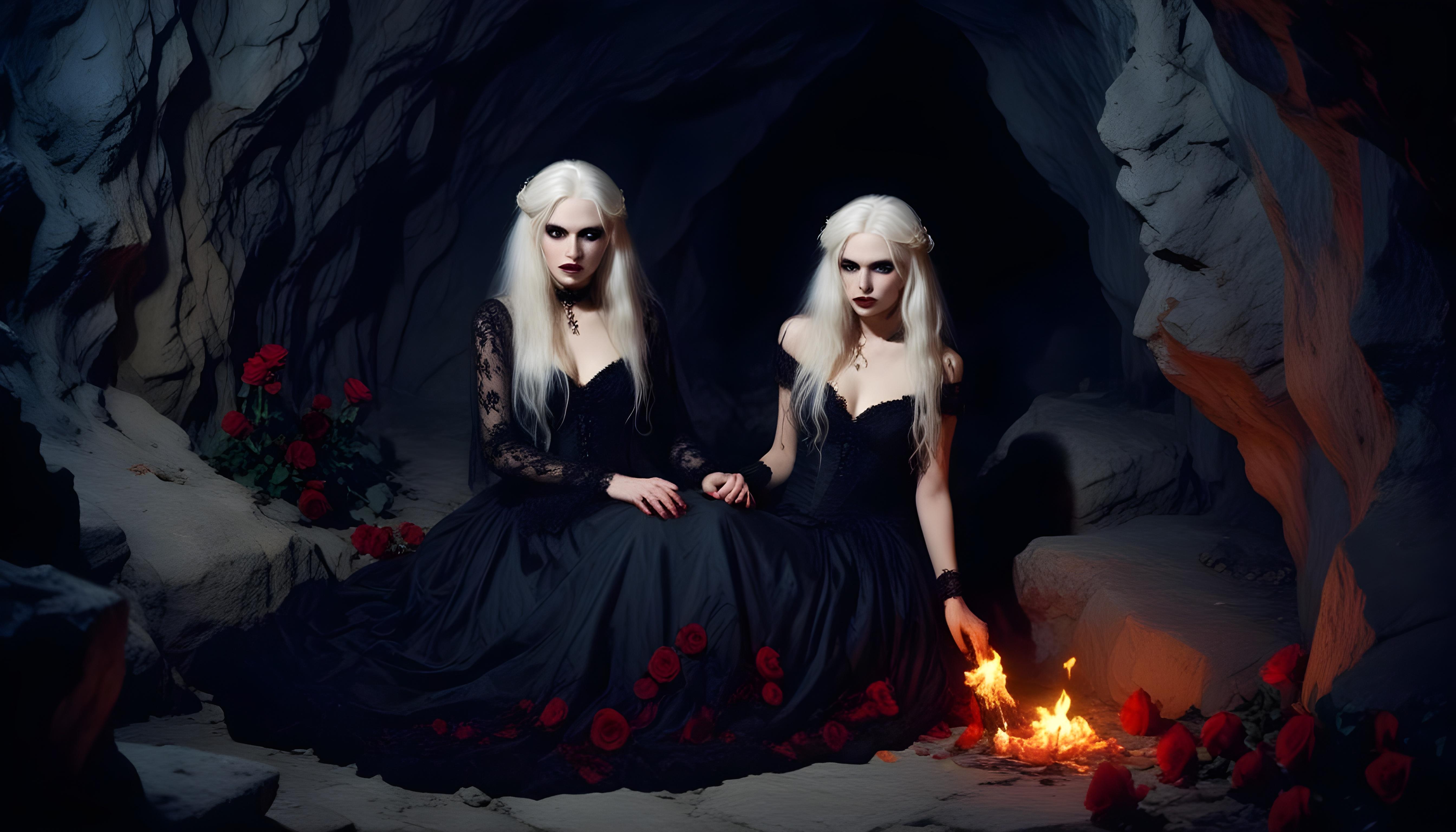 Mystical Vampire Queen Holding Red Rose in Dark Fantasy Gothic Setting