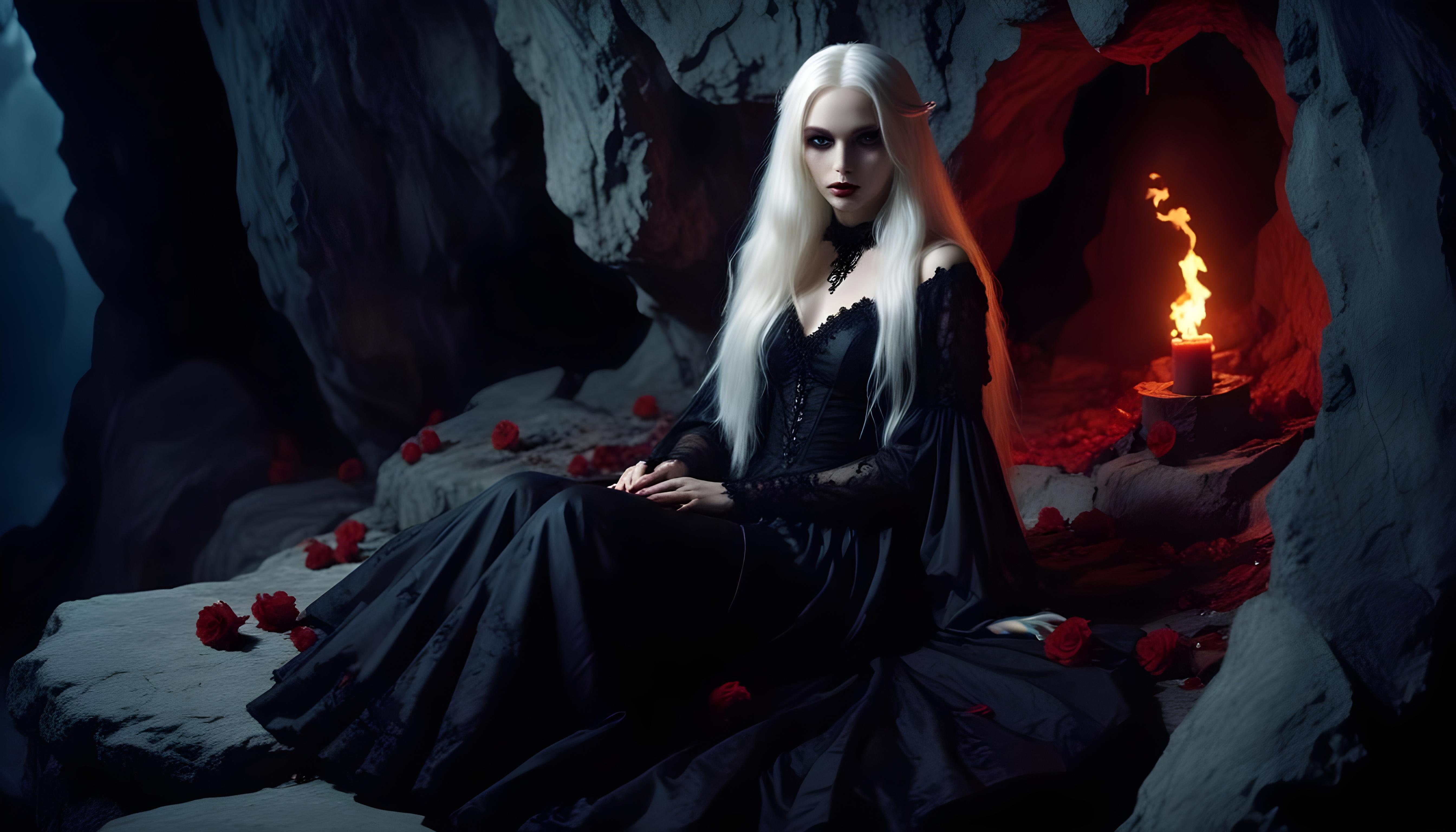 Mystical Vampire Queen Holding Red Rose in Dark Fantasy Gothic Setting