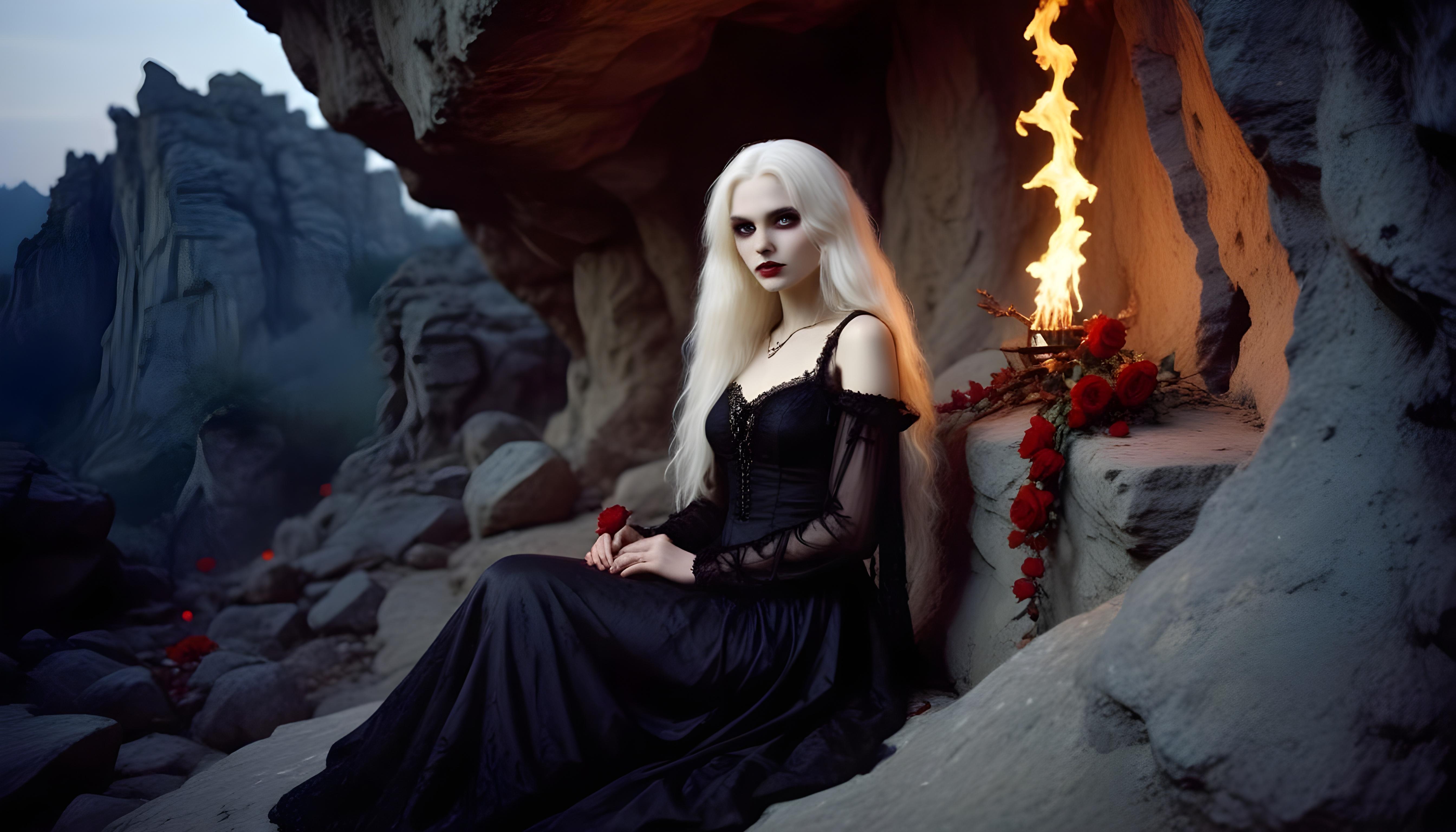 Mystical Vampire Queen Holding Red Rose in Dark Fantasy Gothic Setting