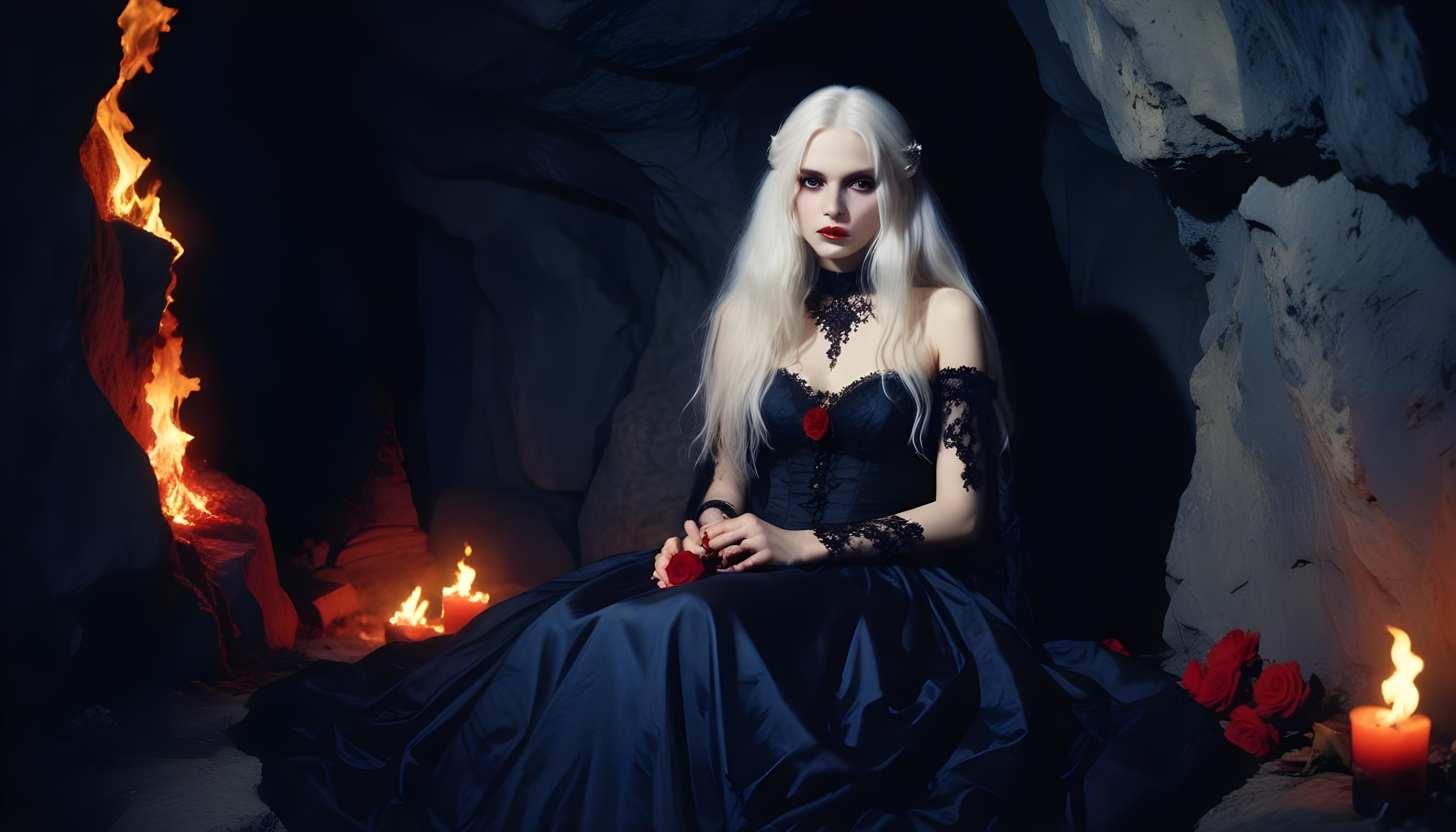 Mystical Vampire Queen Holding Red Rose in Dark Fantasy Gothic Setting