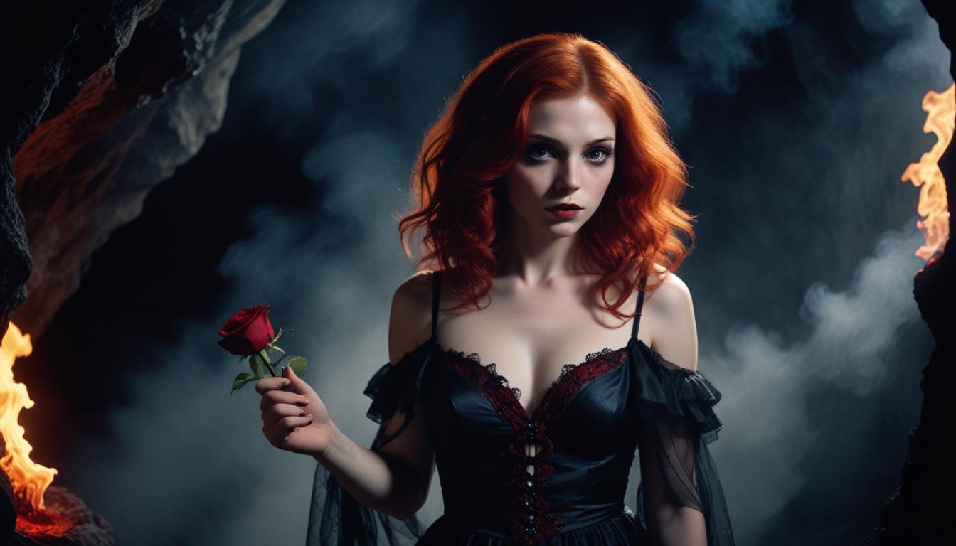 Mystical Vampire Queen Holding Red Rose in Dark Fantasy Gothic Setting